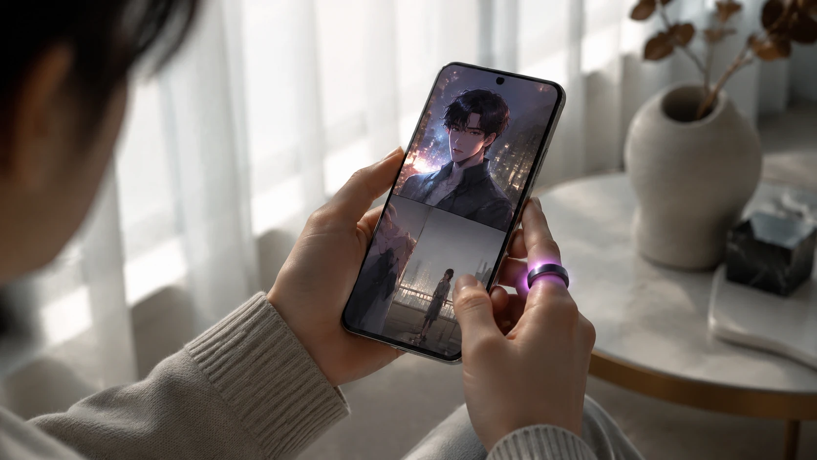 A person reading a webtoon on a smartphone, wearing a glowing smart ring that synchronizes with the emotional peaks of the story, soft lifes