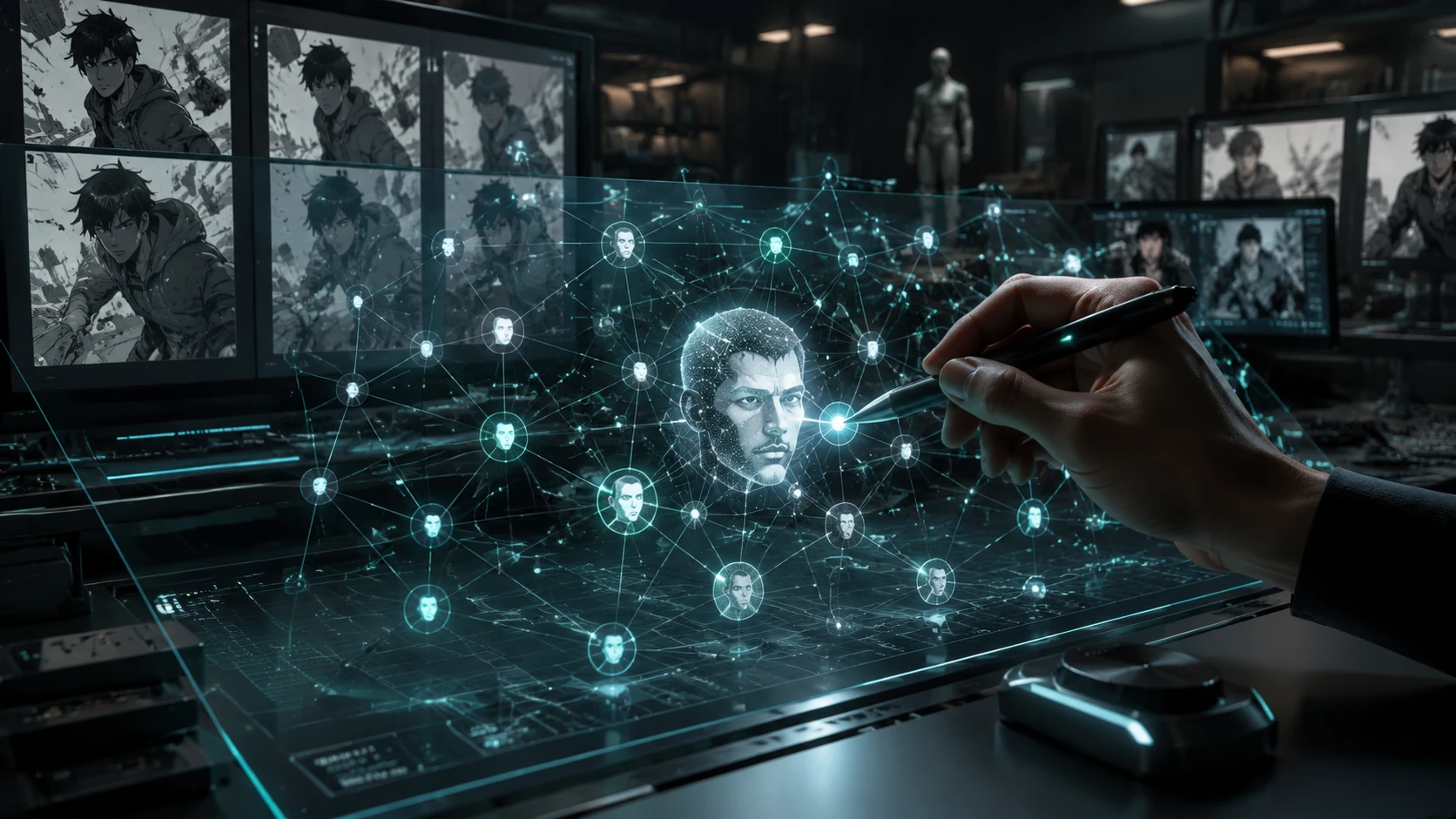 A futuristic professional workstation showing a creator manipulating 3D-like latent space nodes to maintain character consistency for a webt