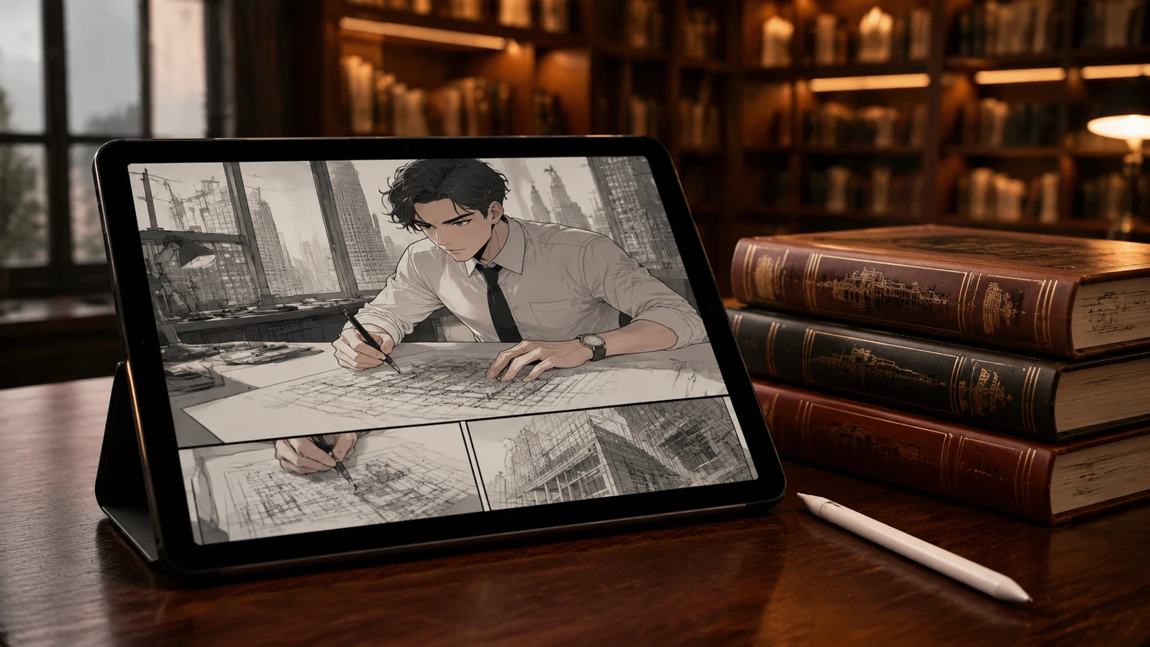 A digital tablet displaying a sophisticated occupational comic panel focused on architectural restoration, placed next to professional tools