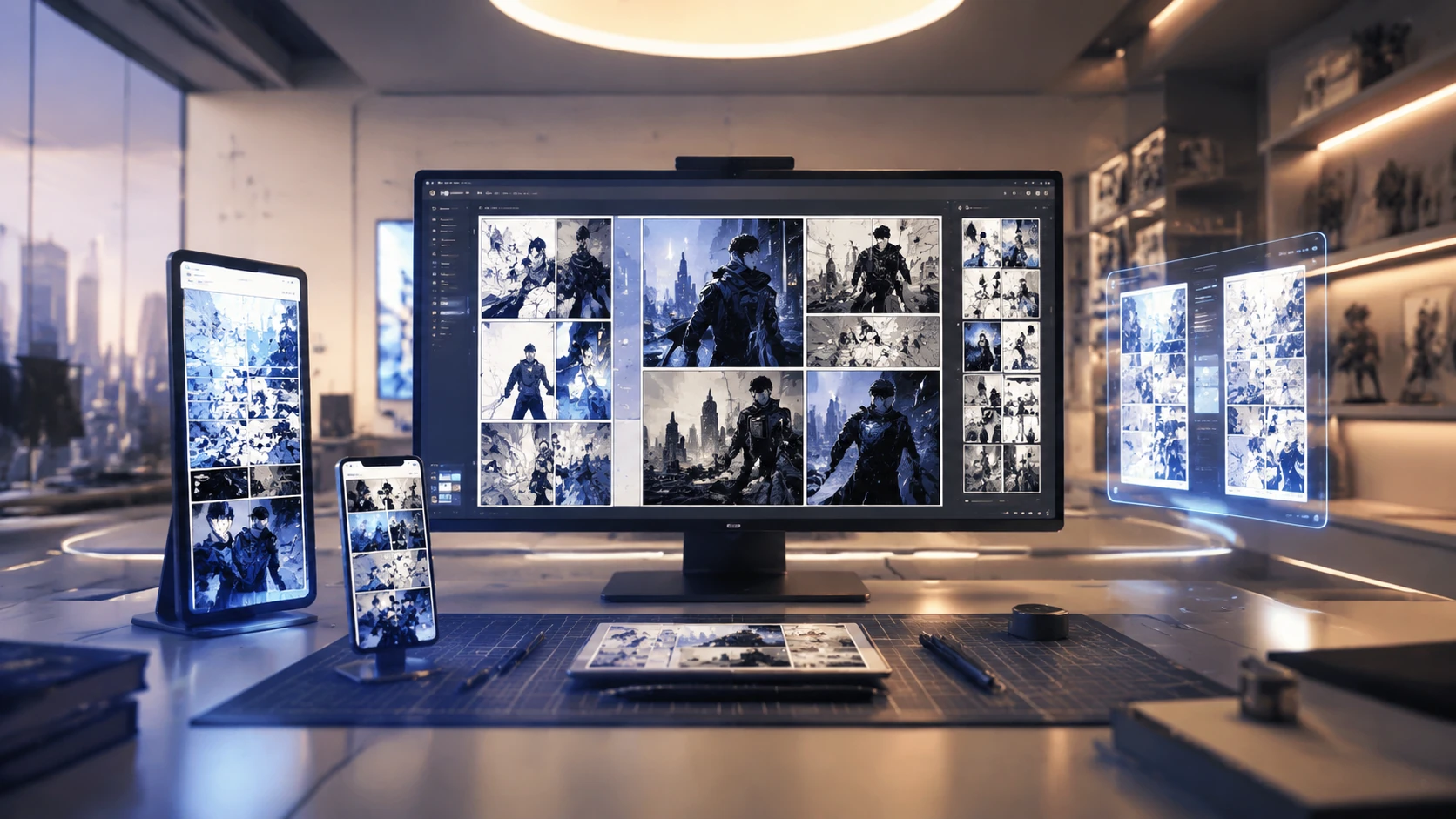 A futuristic digital workspace with multiple synchronized screens showing comic panels in various formats, reflecting an omni-channel publis