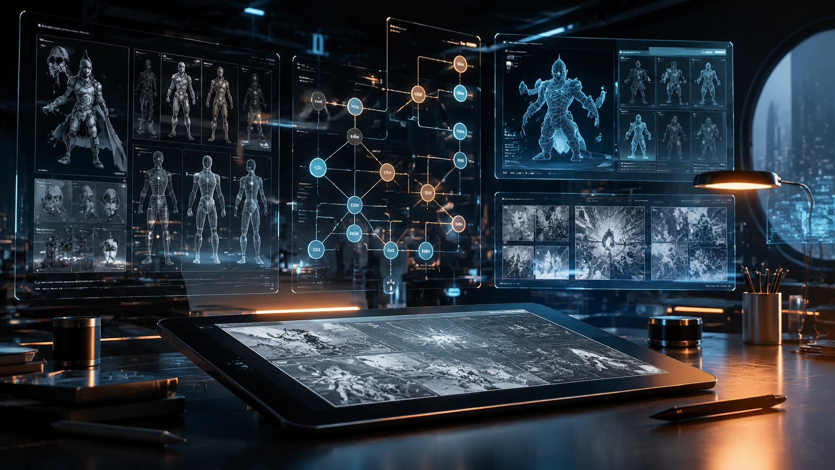 A sophisticated futuristic workspace with transparent screens displaying character emotional nodes and 3D wireframes, blending traditional s