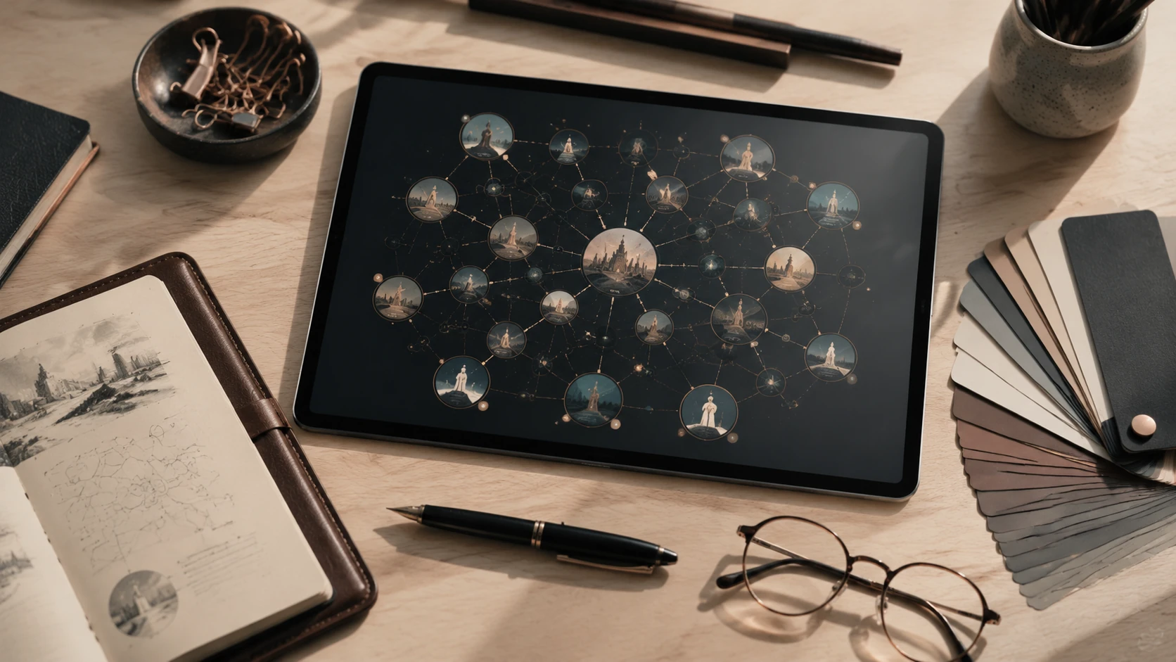 Overhead flat lay of a minimalist creative desk featuring a digital tablet with a node-based narrative map, script notes, and professional d
