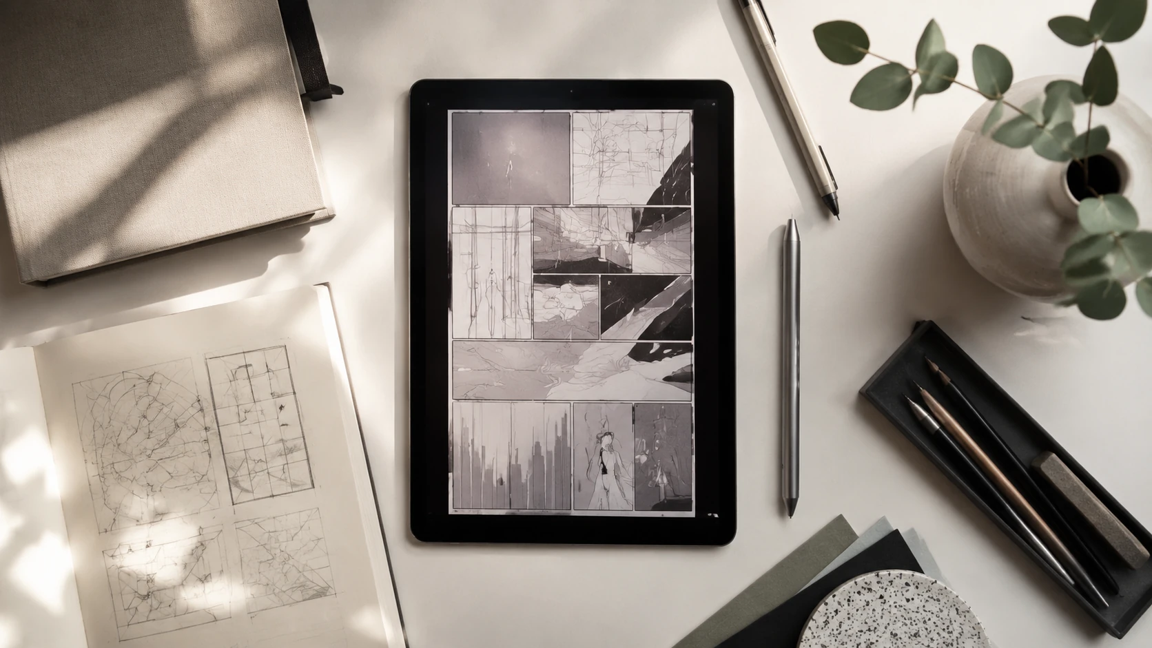 An elegant overhead flat lay of a creator's workspace featuring storyboard diagrams, a digital tablet, and minimalist aesthetic tools.