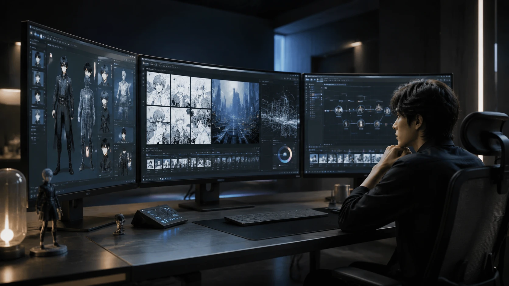 Futuristic digital workspace showing multiple monitors with character model sheets, 3D background wireframes, and a centralized orchestratio