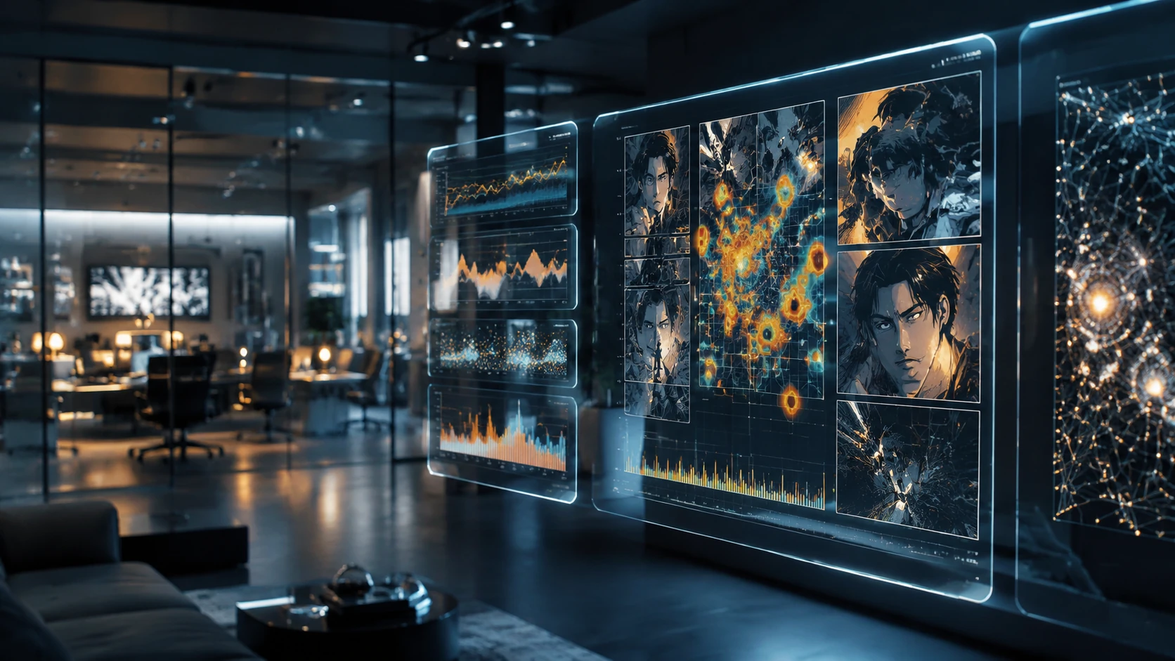A wide-angle professional newsroom environment with holographic displays showing webtoon retention heatmaps and narrative flow charts.