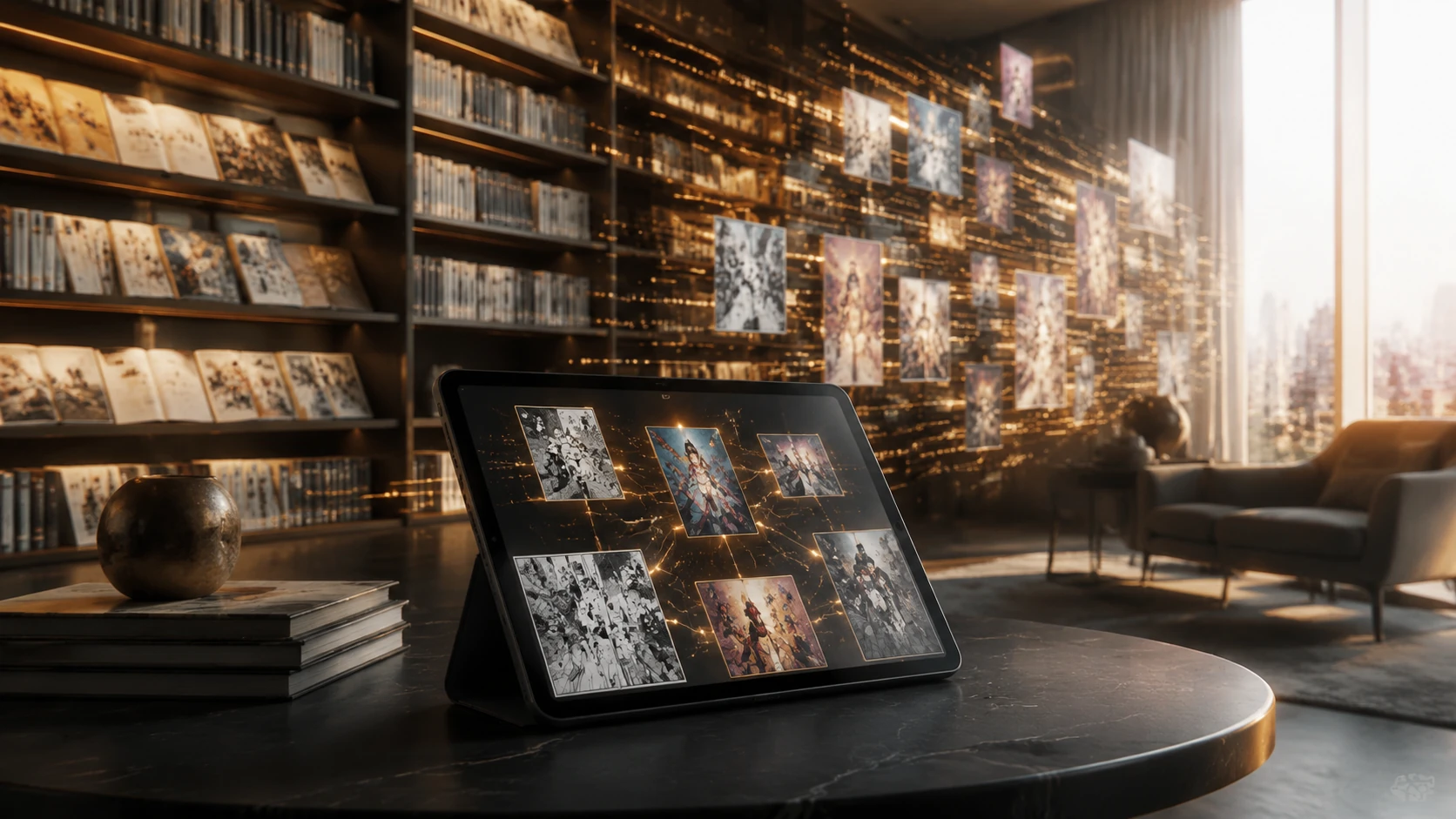A futuristic digital comic library interface showing interconnected book covers and glowing data nodes