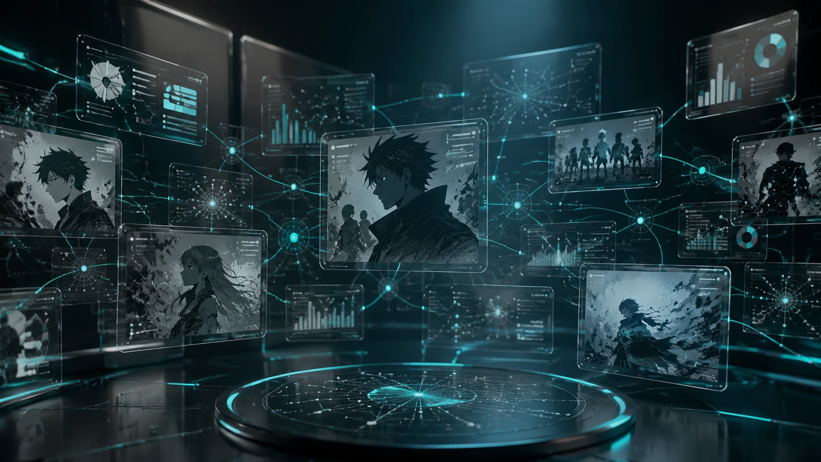 A futuristic digital dashboard displaying interconnected manga panel nodes and data visualizations in a glassmorphism style.