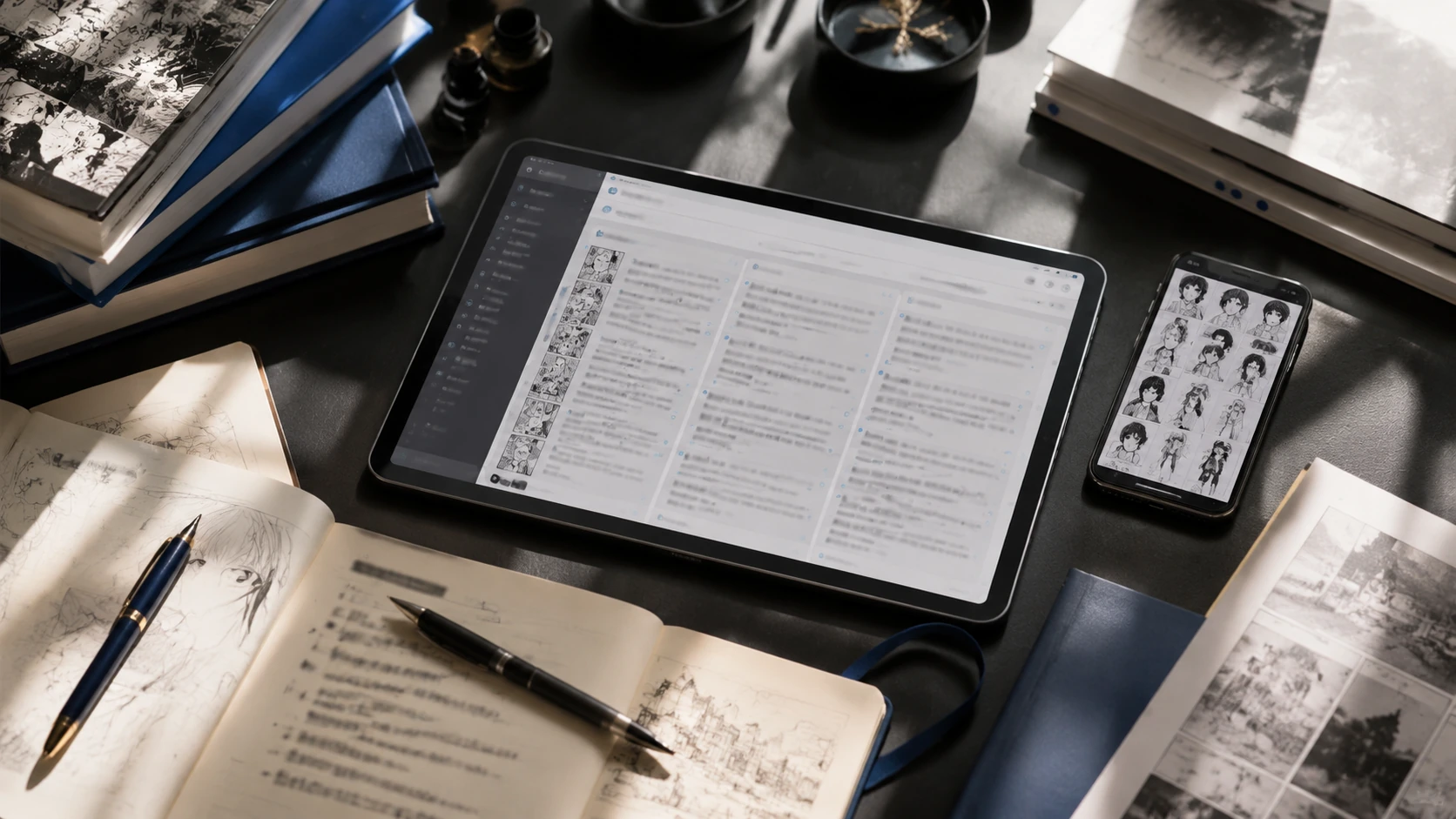 ミニマルで高級感のあるデスクに、タブレット、スクリプトのメモ、そして多言語の辞書が並ぶオーバーヘッド・フラットレイ