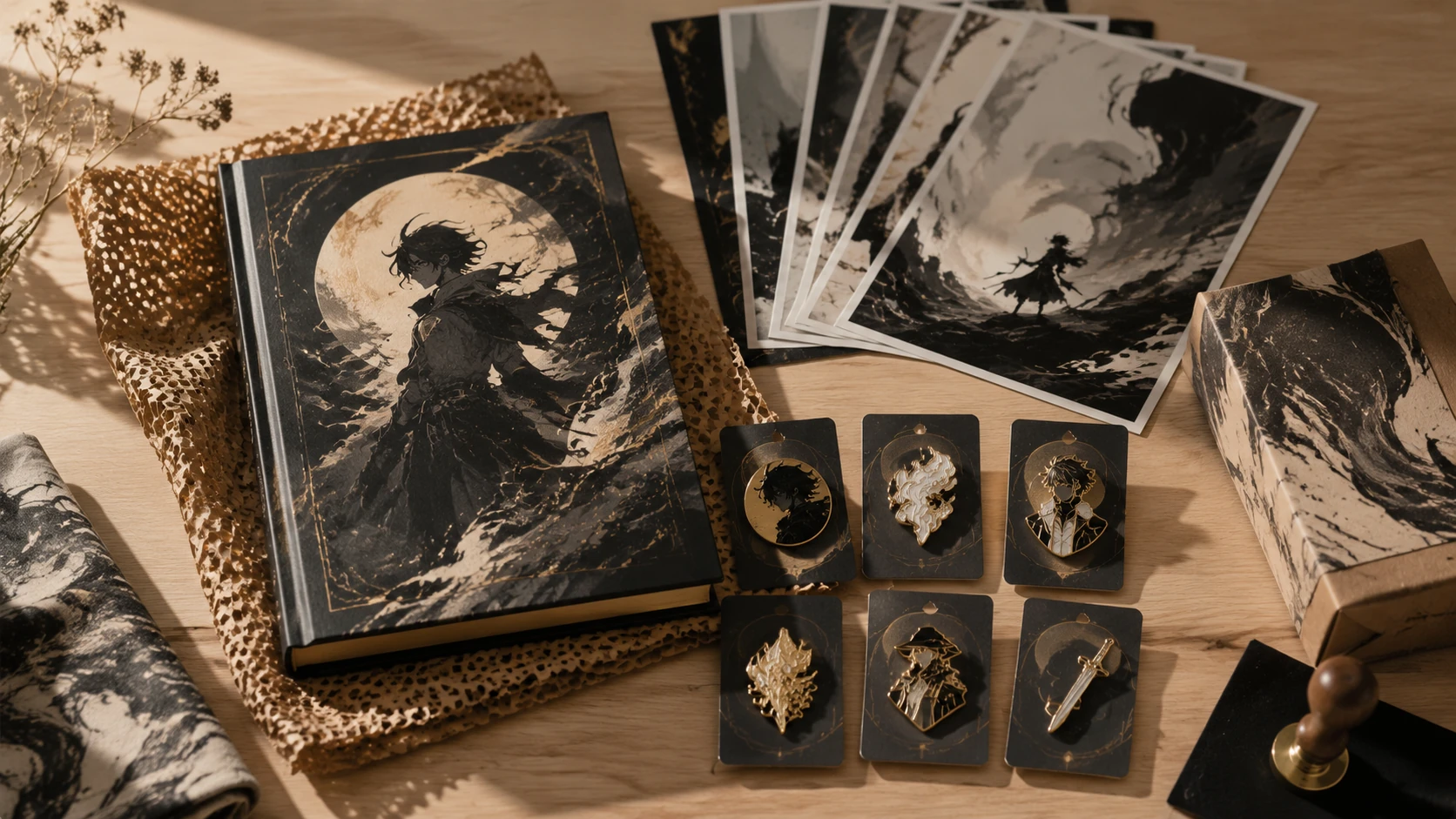 Ein ästhetischer Flat-Lay von hochwertigen Comic-Merchandise-Artikeln wie Emaille-Pins, Stickern, einem gedruckten Band und nachhaltigen Ver