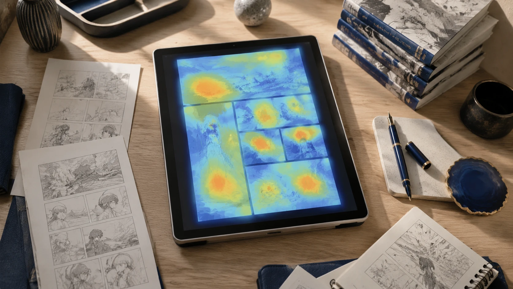 洗練されたデスクに置かれたネームのラフ画と、分析データが表示されたタブレットの俯瞰図