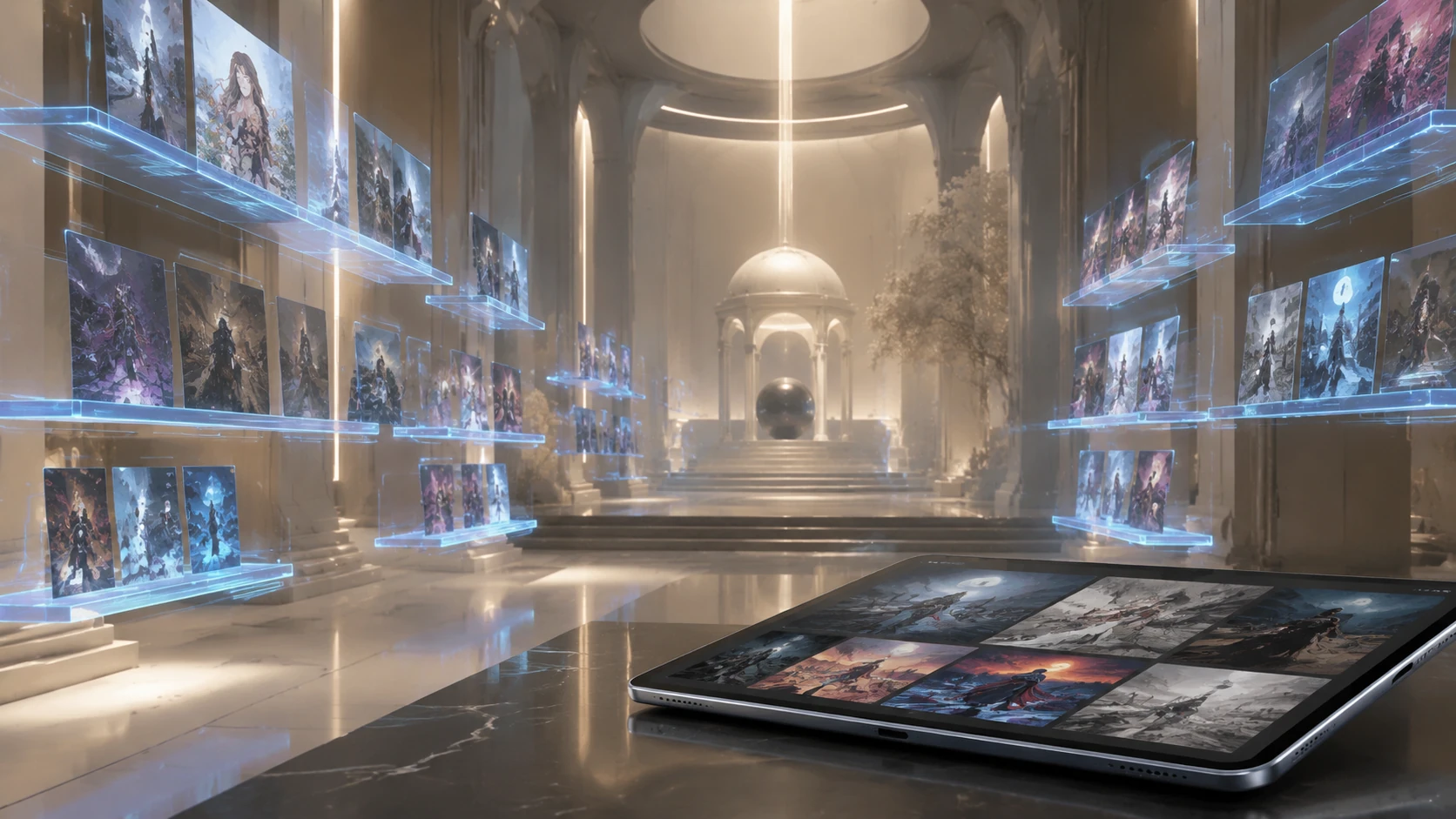 Une interface de bibliothèque numérique futuriste avec des étagères holographiques et une lueur de tablette élégante.