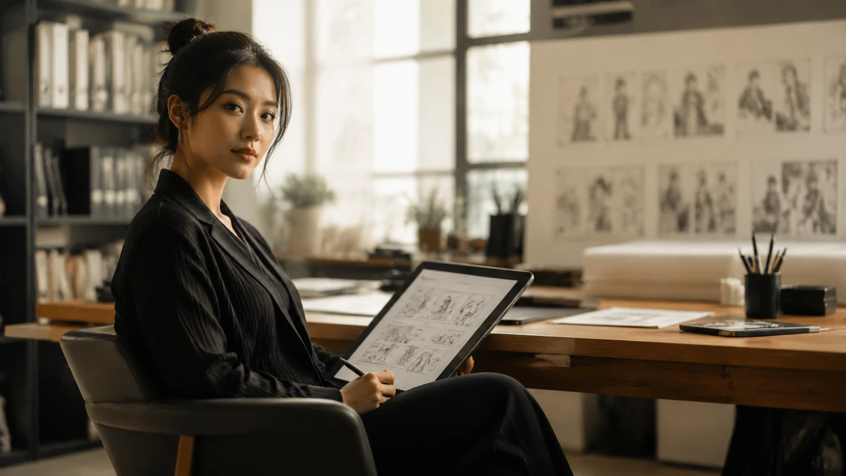 Ein professioneller Comic-Künstler in einem hellen, modernen Studio, der nachdenklich ein Vertragsdokument auf einem Tablet prüft.