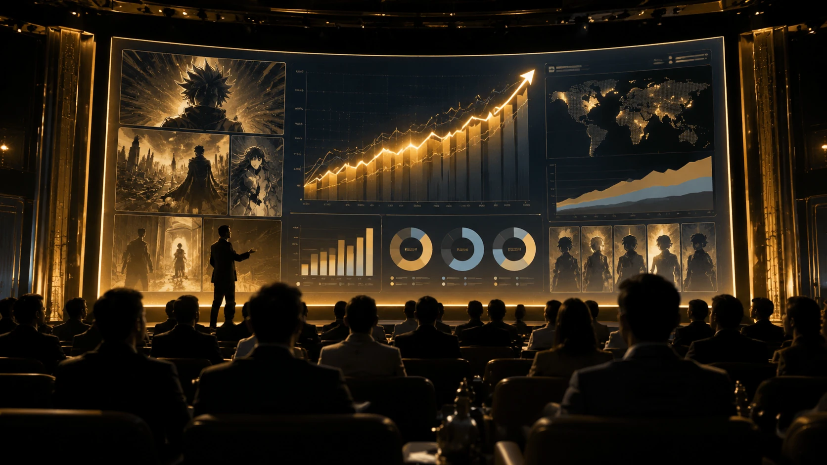 A professional presentation screen showing abstract growth charts and comic panel silhouettes in a high-end conference hall environment.