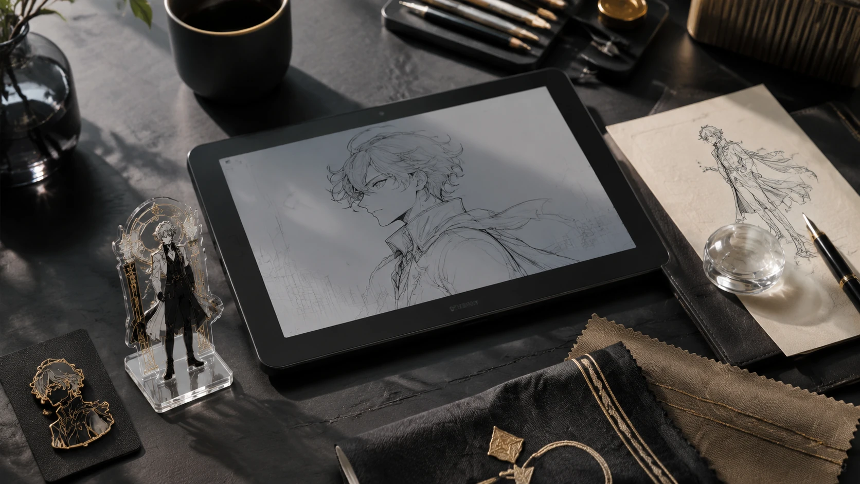 Overhead flat lay of premium comic creator tools and luxury prototype merchandise