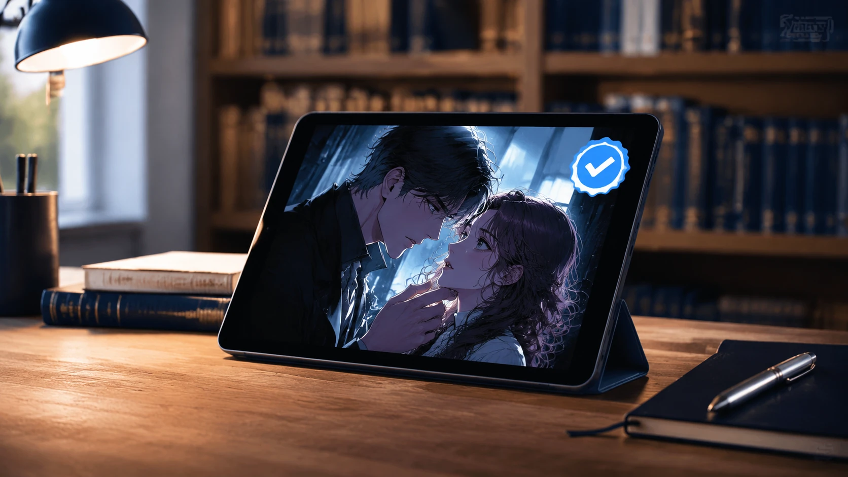 Ein leuchtendes Tablet auf einem minimalistischen Schreibtisch zeigt ein Webtoon-Cover mit einem offiziellen Altersfreigabe-Siegel in einer 