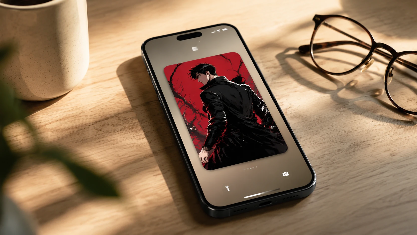 A high-end smartphone resting on a minimalist desk, displaying a vibrant comic panel within a sleek lock-screen widget.