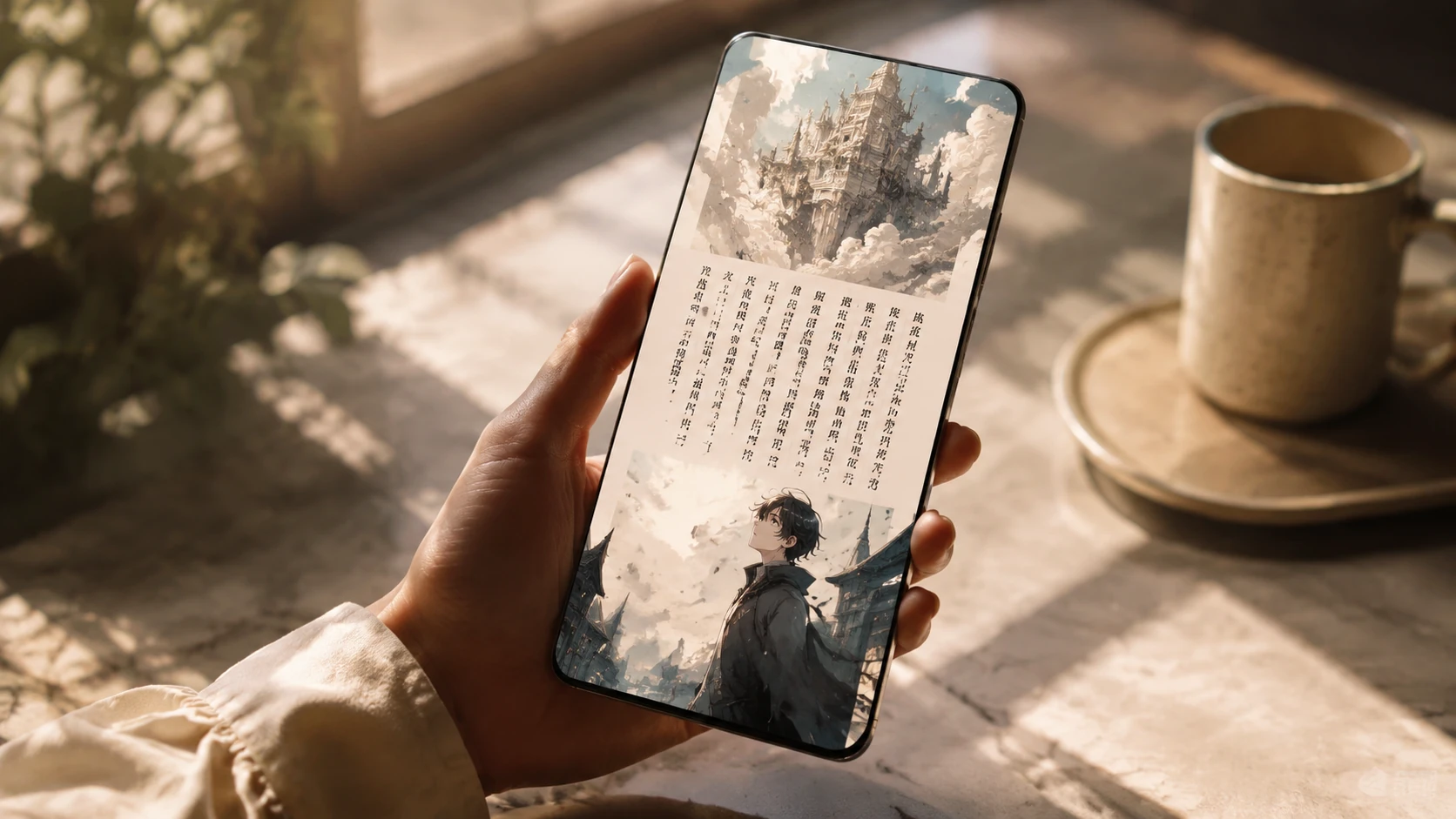 A modern smartphone displaying a sophisticated mix of vertical scrolling text and cinematic comic illustrations in a sunlit minimalist envir