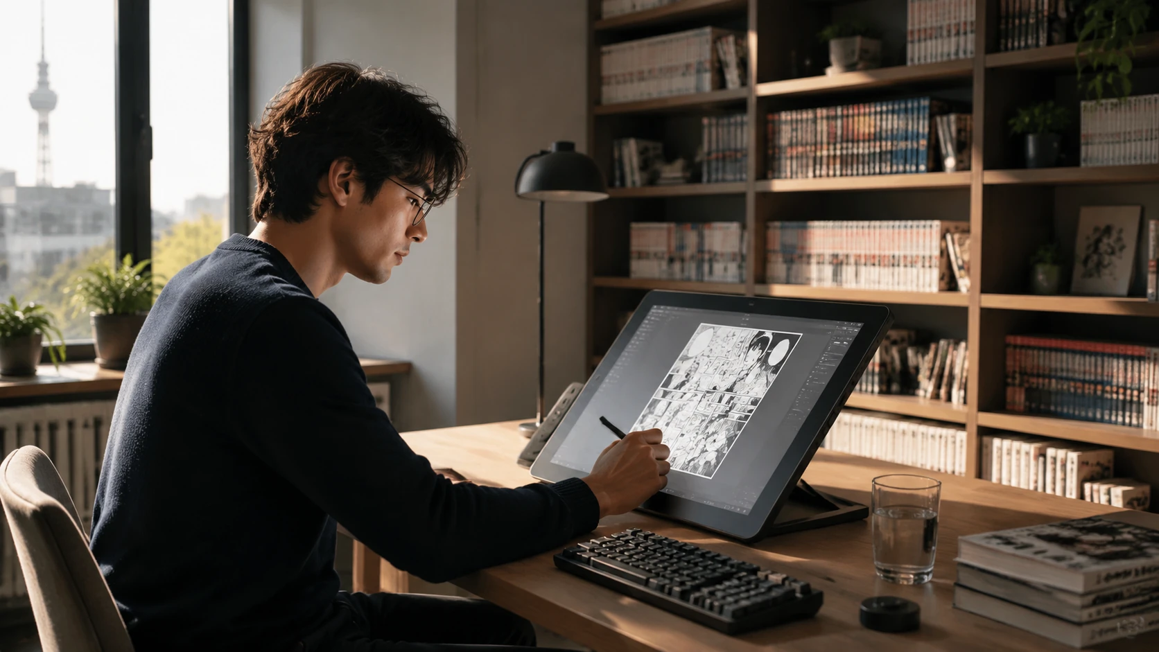 Ein professioneller Arbeitsplatz eines Webtoon-Übersetzers mit zwei Monitoren, einer zeigt deutsche Sprechblasen-Layouts, der andere ein Glo