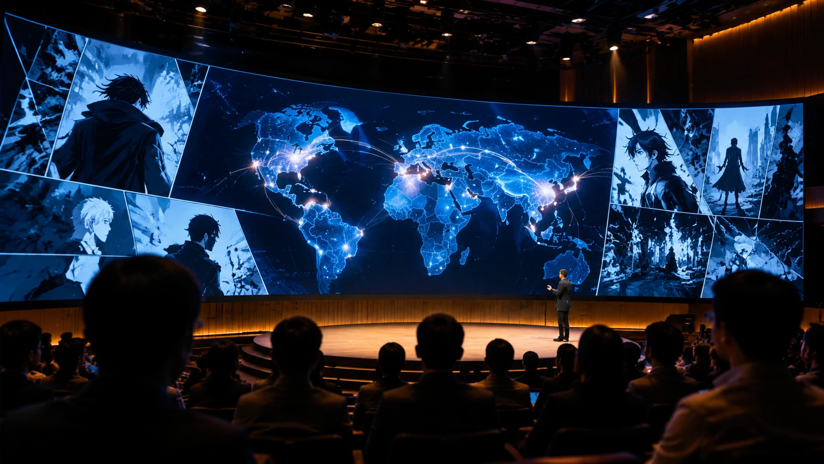 A high-end creator summit in Tokyo 2026, featuring large screens displaying hybrid manga-webtoon analytics and global heatmaps, with silhoue