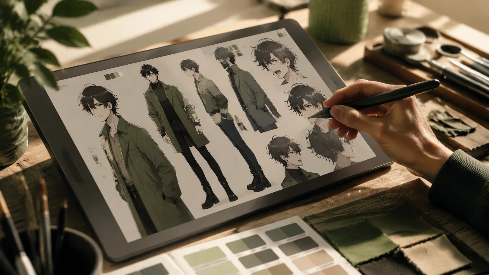 Makro-Detail einer Zeichnerhand, die ein Charakter-Model-Sheet auf einem Grafiktablet verfeinert, umgeben von Farbmustern und Skizzen.