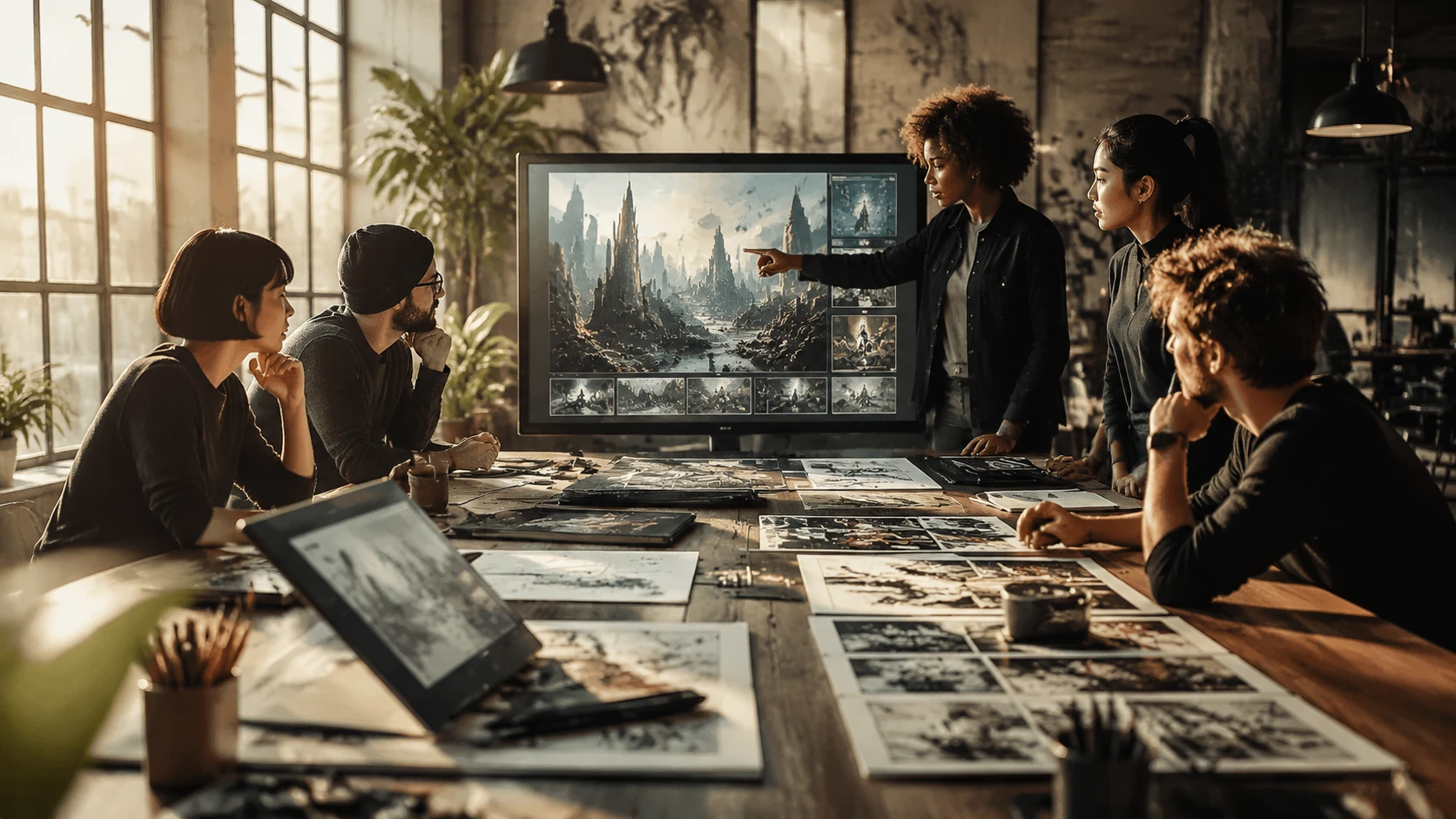 Eine Gruppe von Comic-Schöpfern bei einer strategischen Planung in einem modernen Berliner Loft-Studio vor einem digitalen Storyboard.