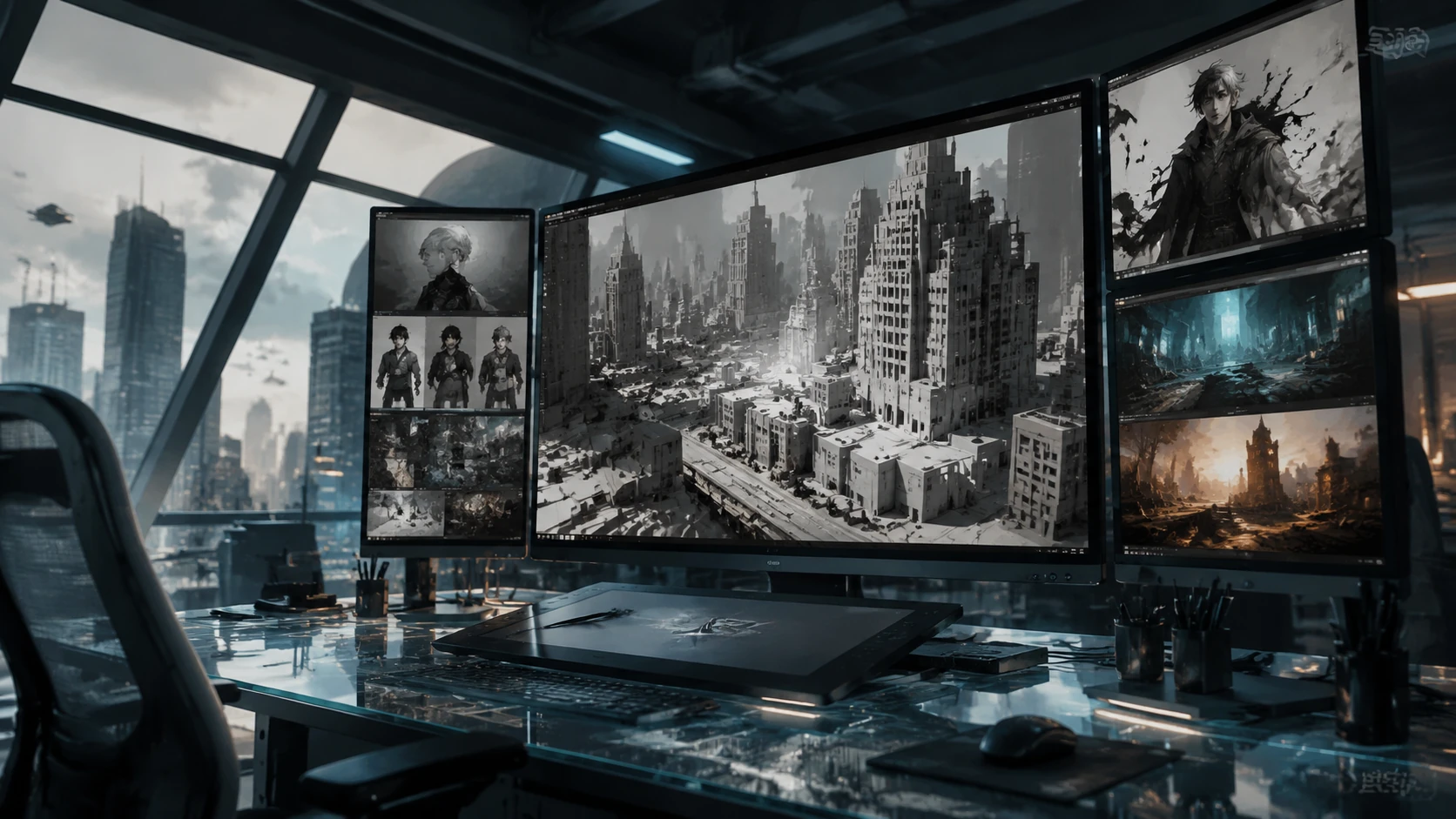 A futuristic high-end creator workspace featuring multiple high-resolution screens showing 3D scene blockouts and AI-enhanced character rend