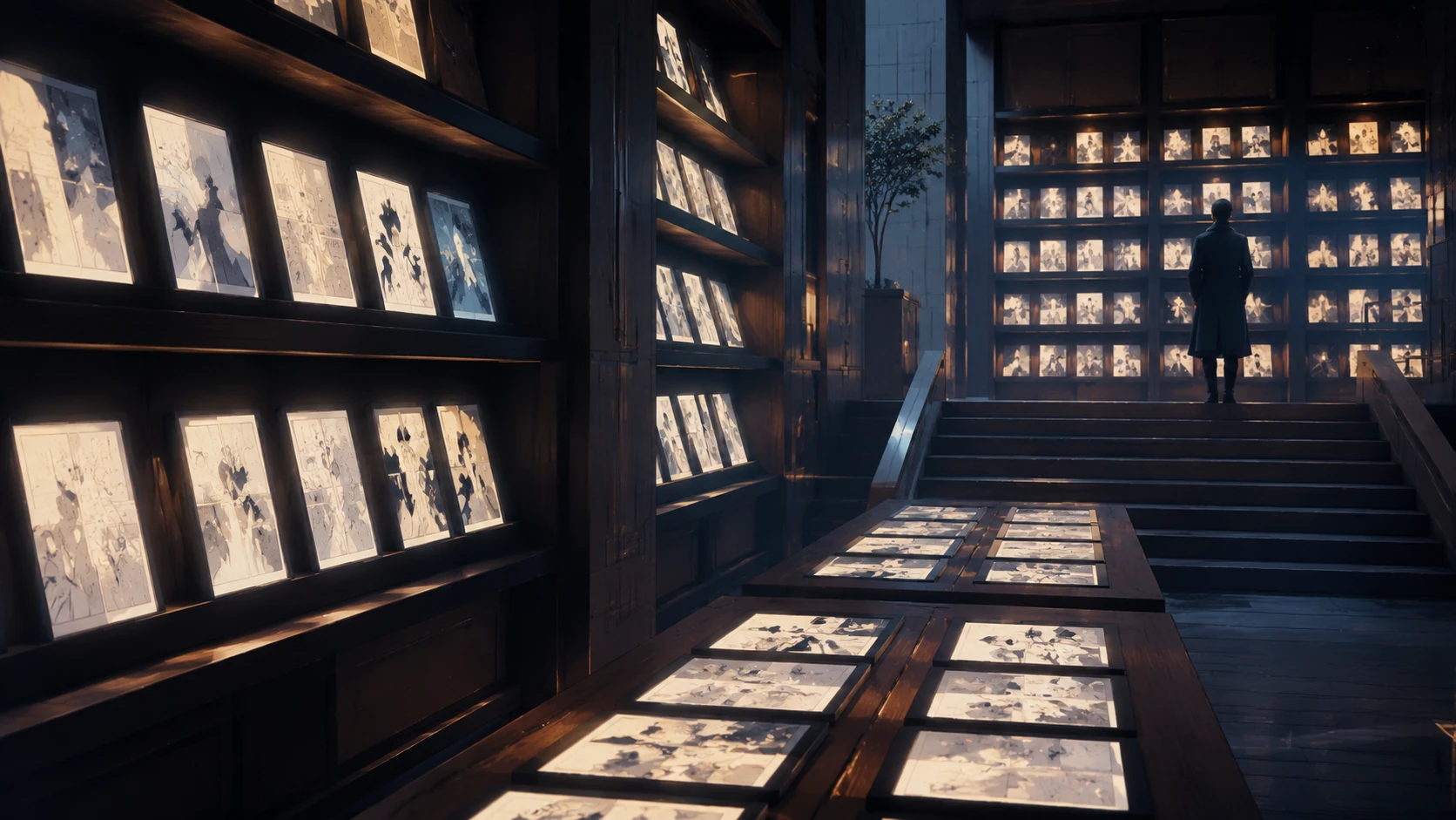 A scholarly and elegant digital library with glowing tablets on shelves, representing the accumulated knowledge and emotional value of stori