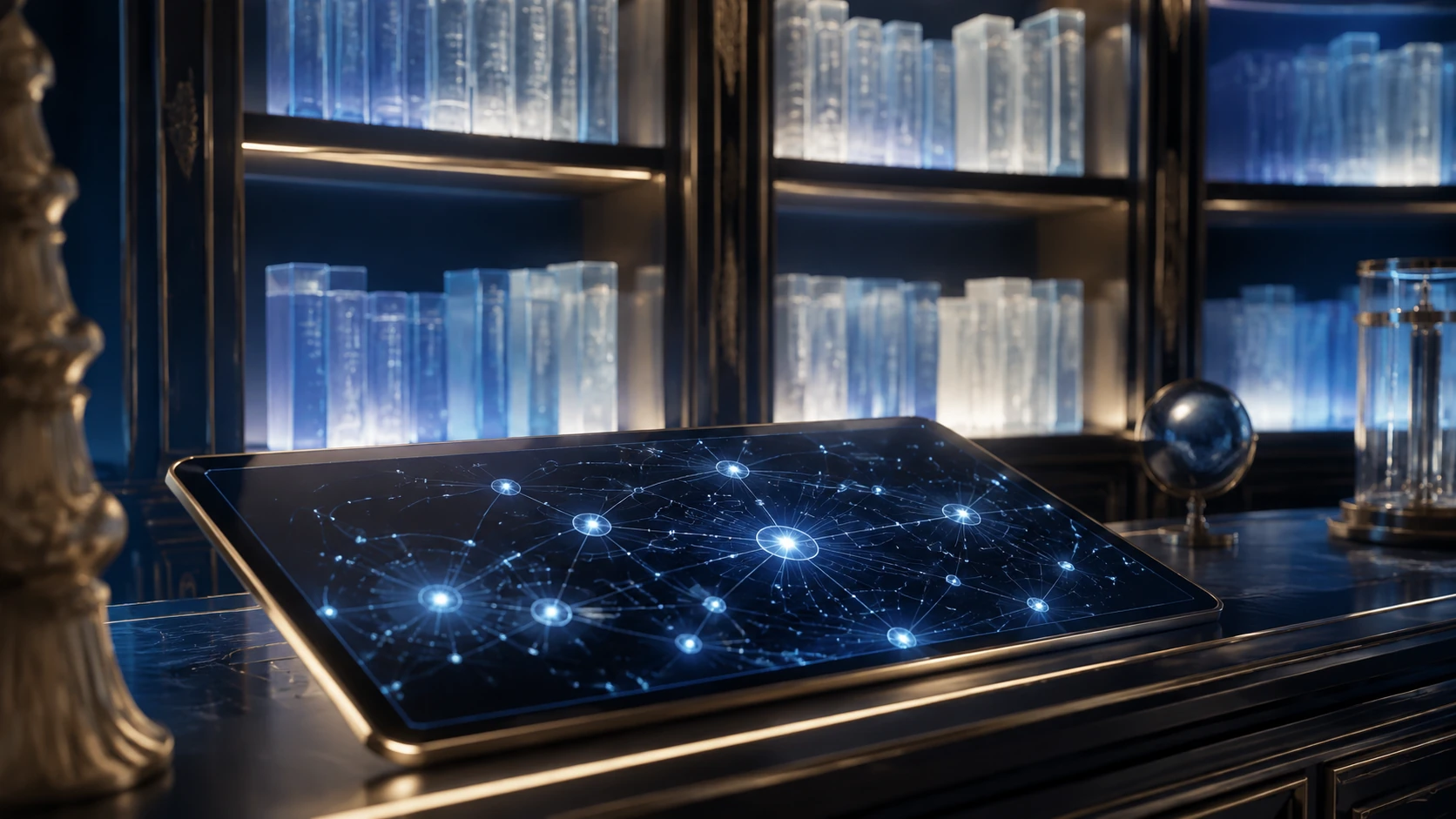 A sophisticated digital library interface showing interconnected narrative nodes and plot threads glowing in cobalt blue on an ivory backgro