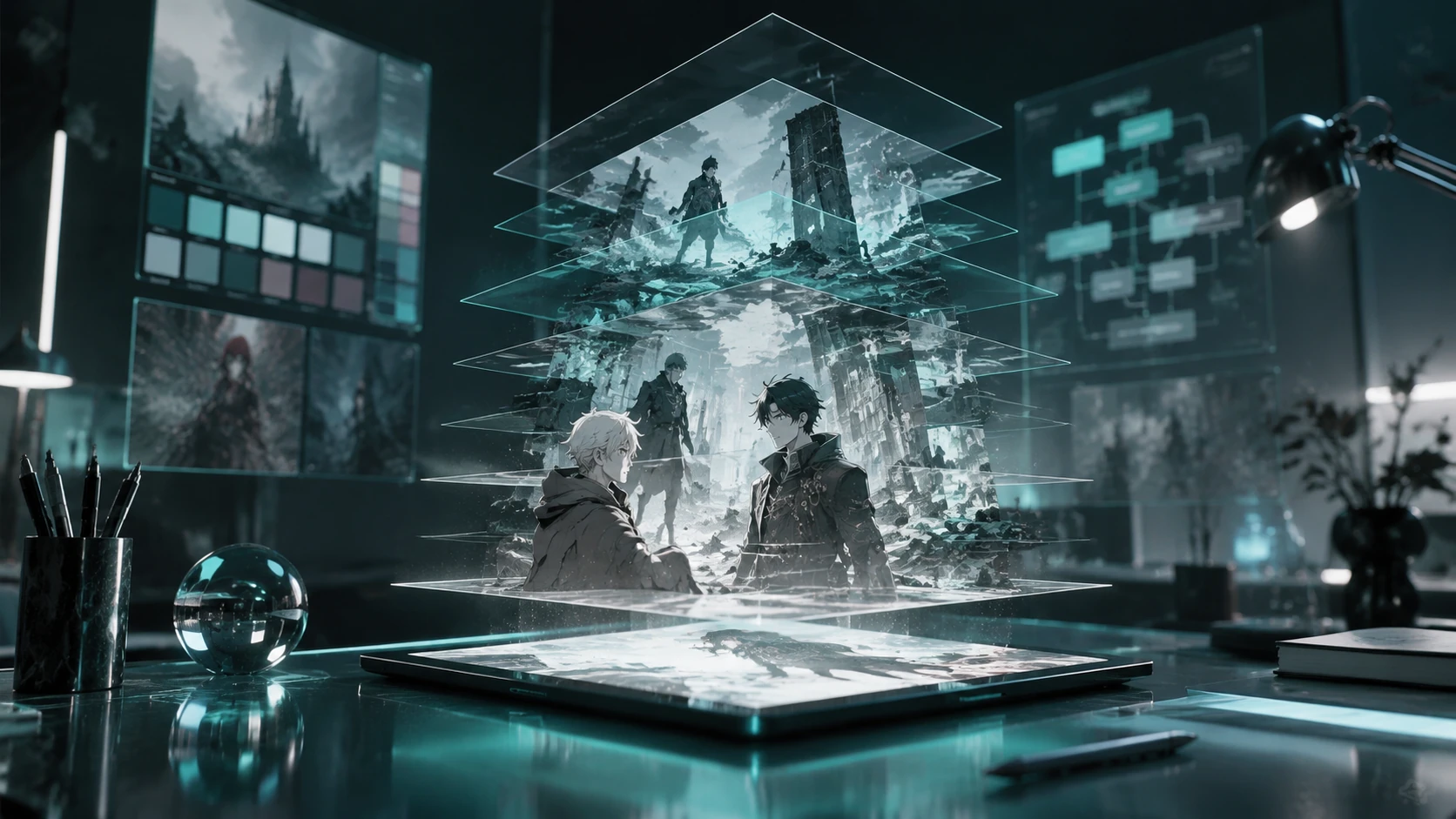 A futuristic multi-screen workspace showing a webtoon being deconstructed into 3D spatial layers for an AR interface.