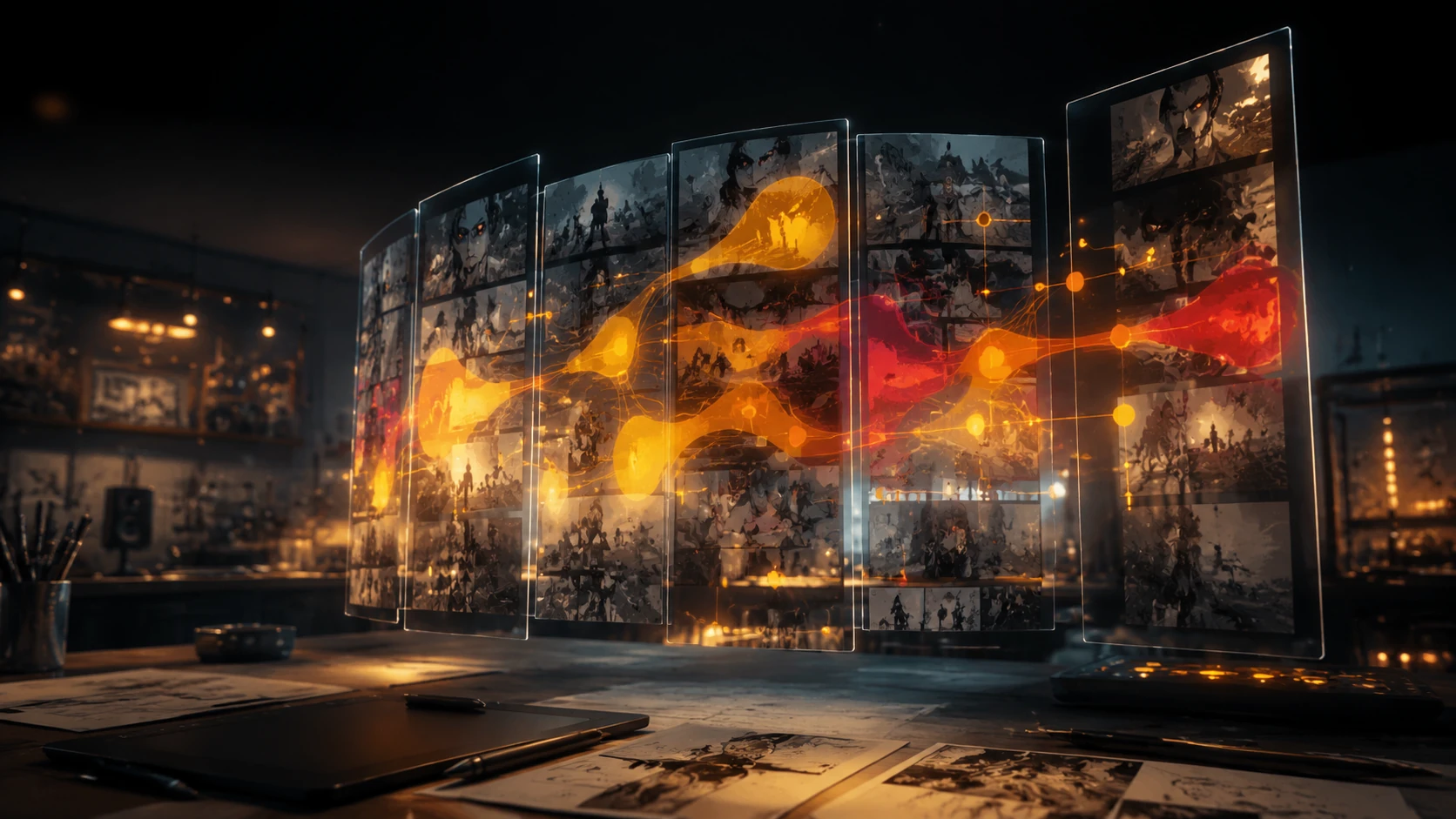 A futuristic digital dashboard showing glowing heatmaps overlaid on vertical webtoon panels in a professional studio setting.