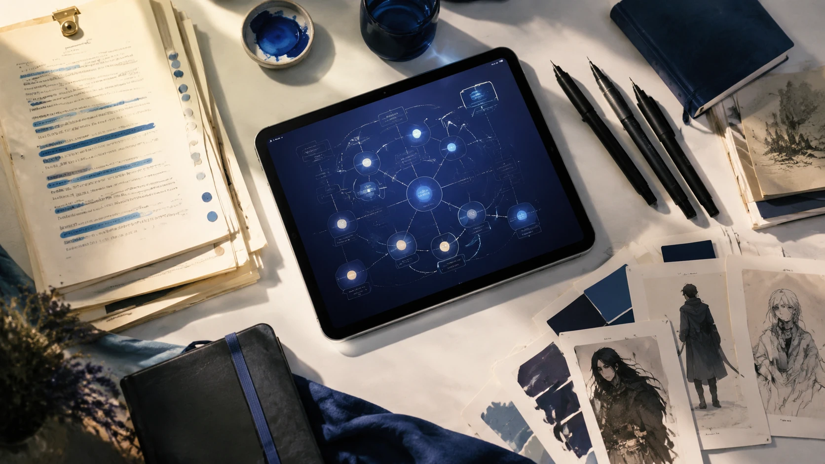 An overhead flat lay of a professional storyteller's desk featuring a tablet showing a complex narrative map, color-coded script notes, and 