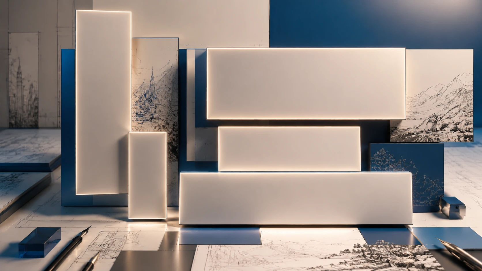 Abstract high-end composition of floating geometric panels representing different comic aspect ratios in a clean editorial space