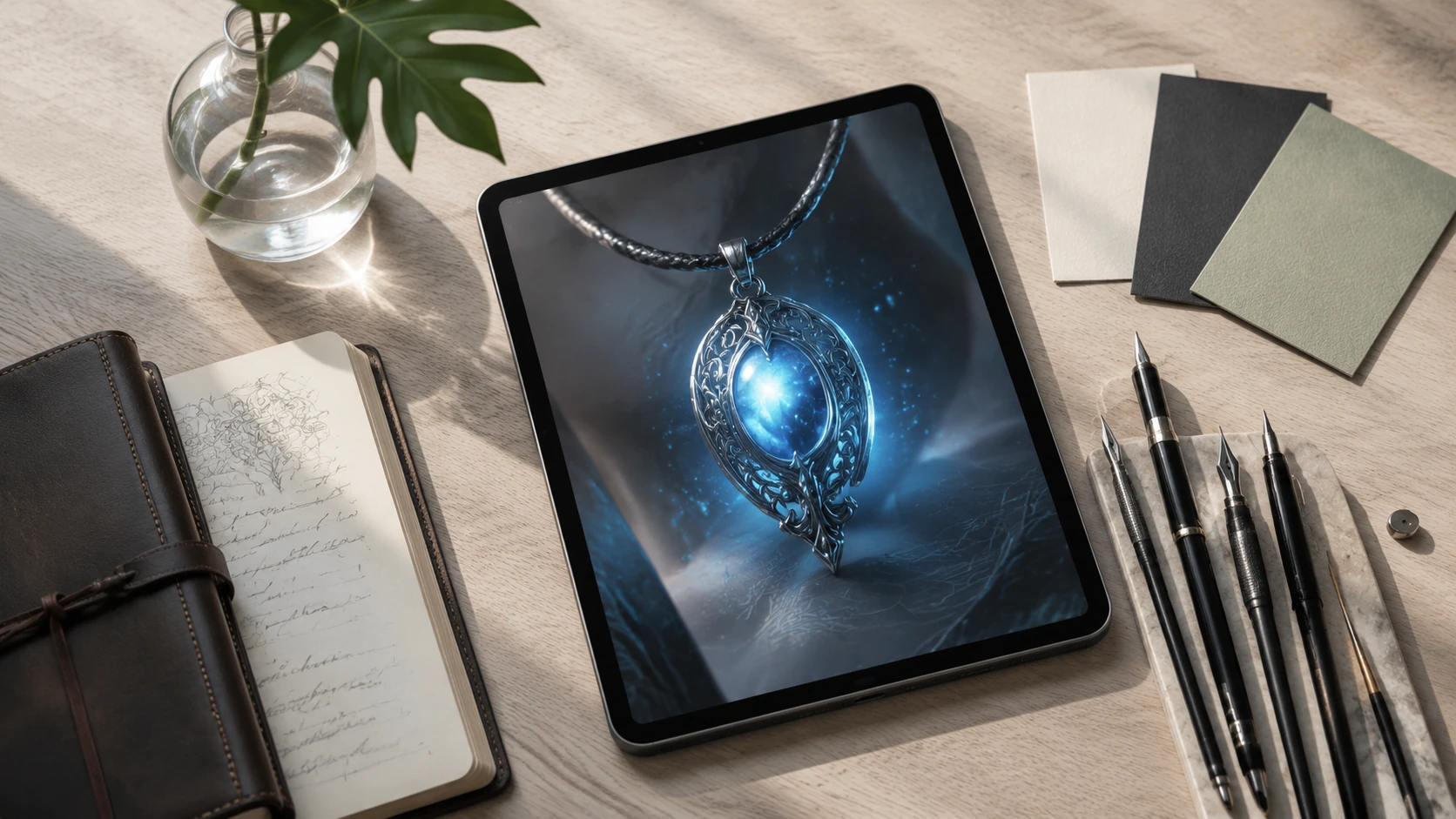 A minimalist creator workspace featuring a high-end tablet, ink pens, and a carefully curated mood board of visual motifs and color swatches