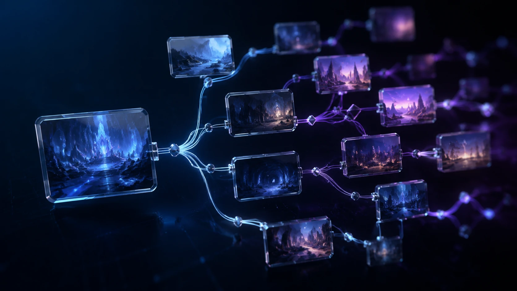 A complex, glowing narrative logic map with branching paths and glassmorphism decision nodes floating in a dark digital space.