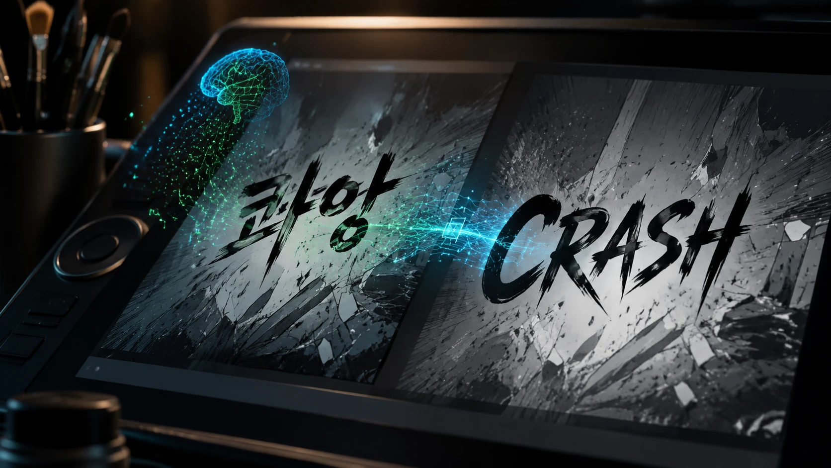 Macro detail of a digital tablet screen showing a complex sound effect being algorithmically translated and redrawn in real-time with neural