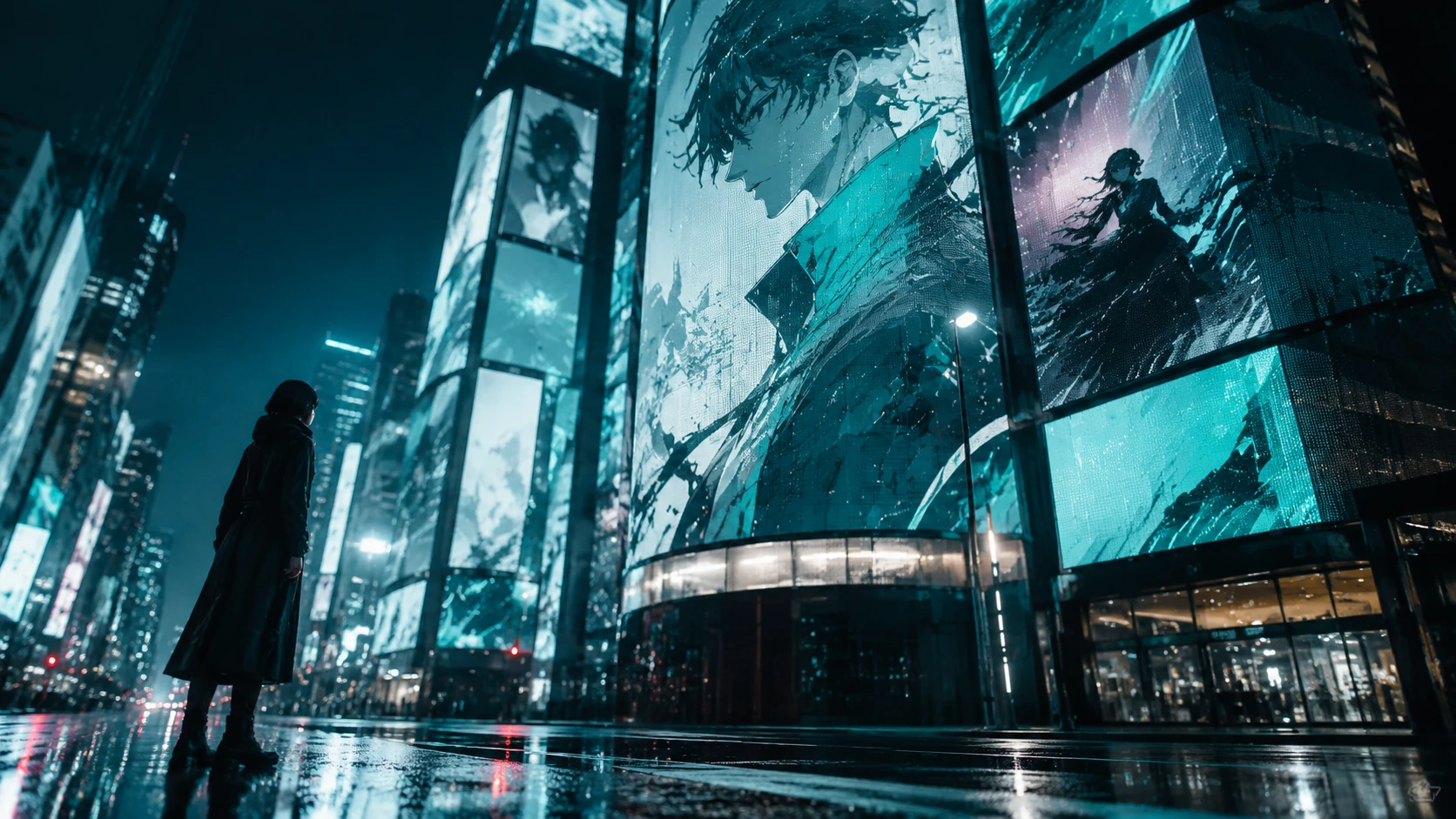 Futuristic city street at night with glowing billboards displaying abstract webtoon silhouettes