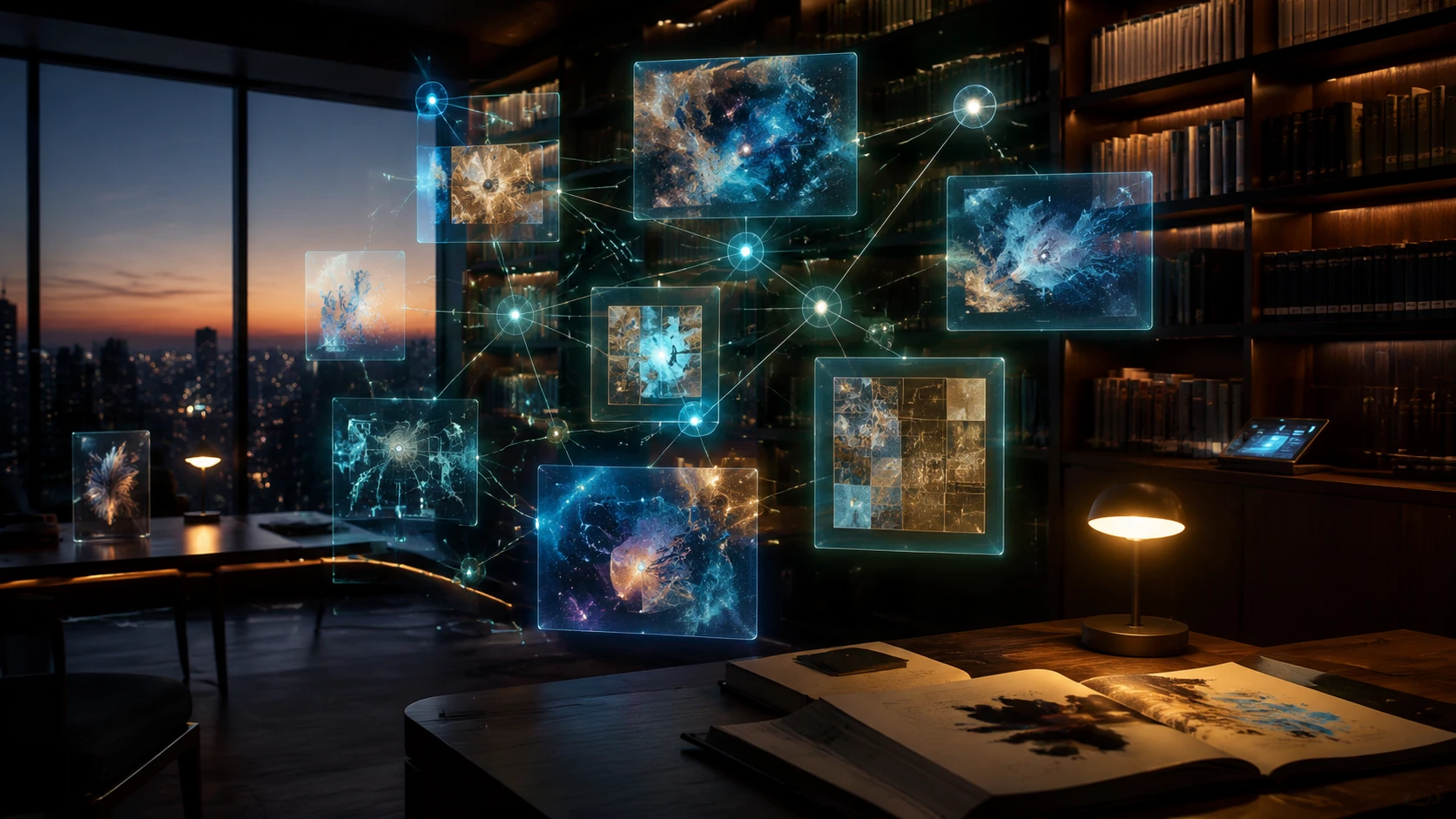 A high-end digital archive interface showing a holographic node-map connecting various comic properties in a minimalist library setting.