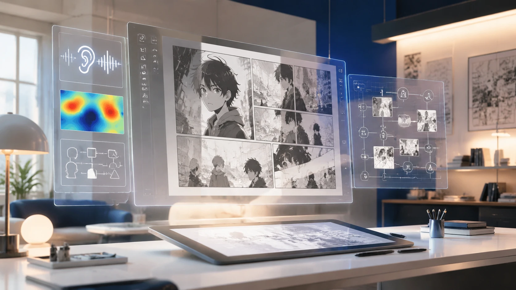 A futuristic digital workspace showing a webtoon interface with transparent accessibility overlays, highlighting panel descriptions and simp