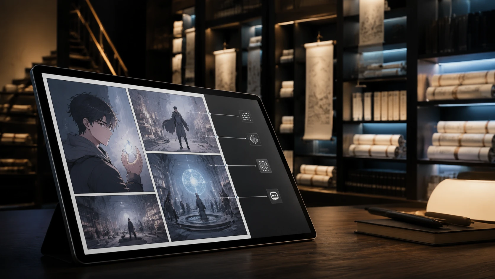 A high-end editorial composition showing a digital comic tablet displaying a high-contrast panel layout, set against a background of an eleg