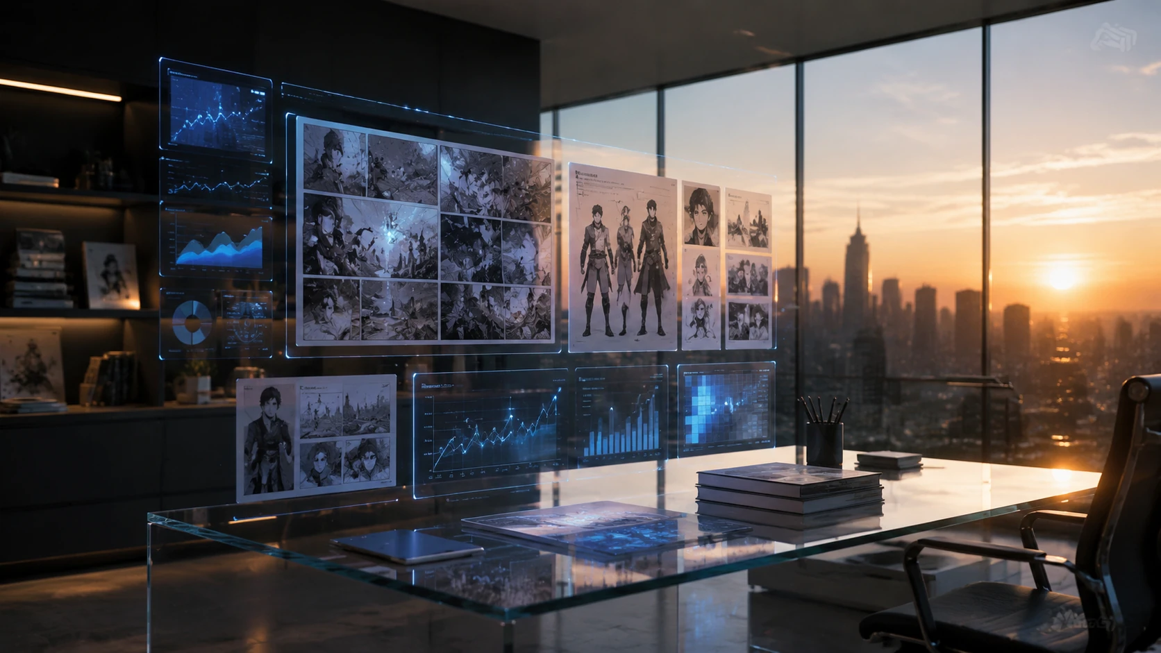 A modern, high-end digital newsroom featuring floating glass displays that showcase comic storyboards and data analytics in a premium editor