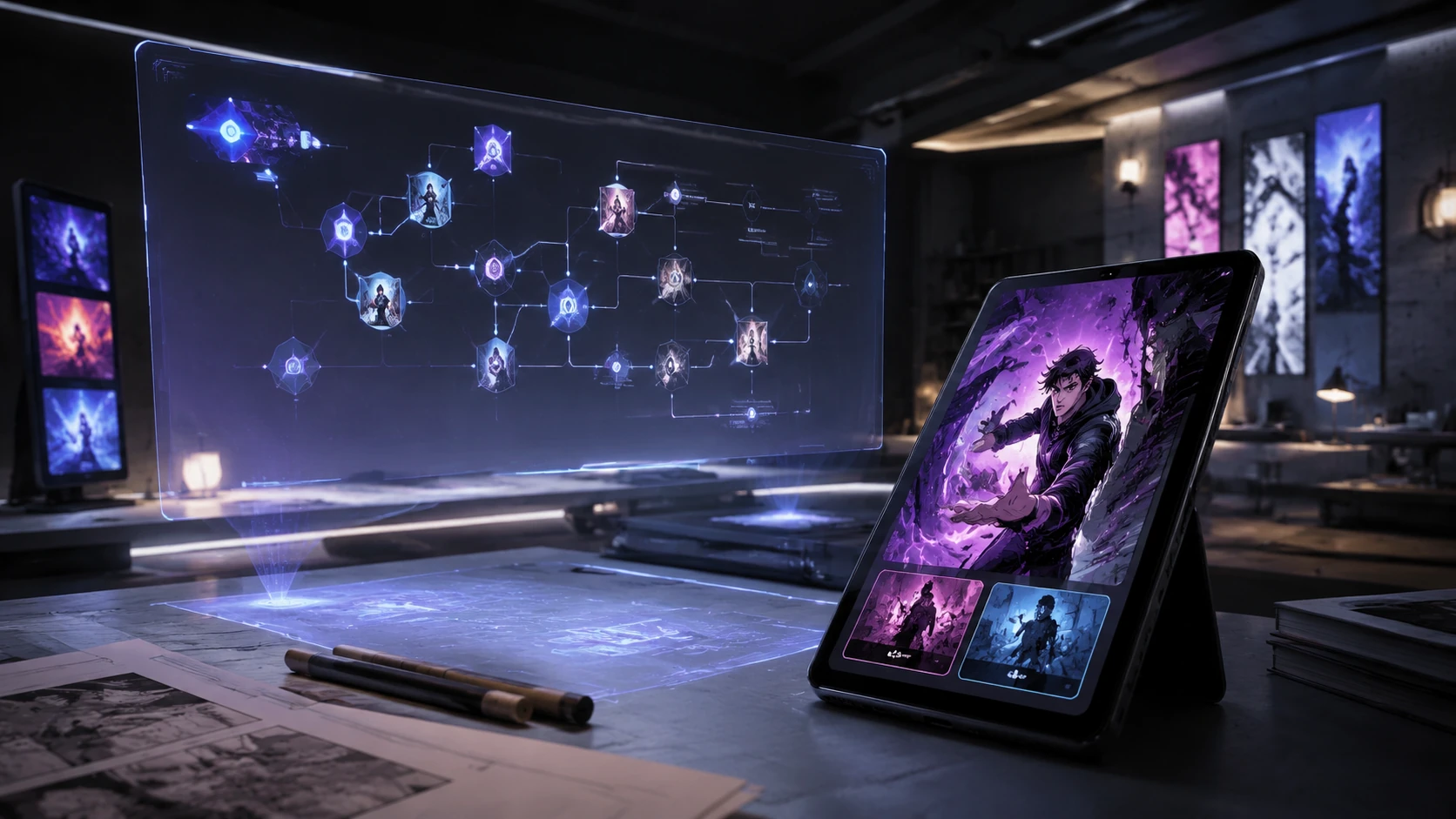 A futuristic digital workspace showing a node-based narrative map for a branching webtoon next to a high-end mobile interface.