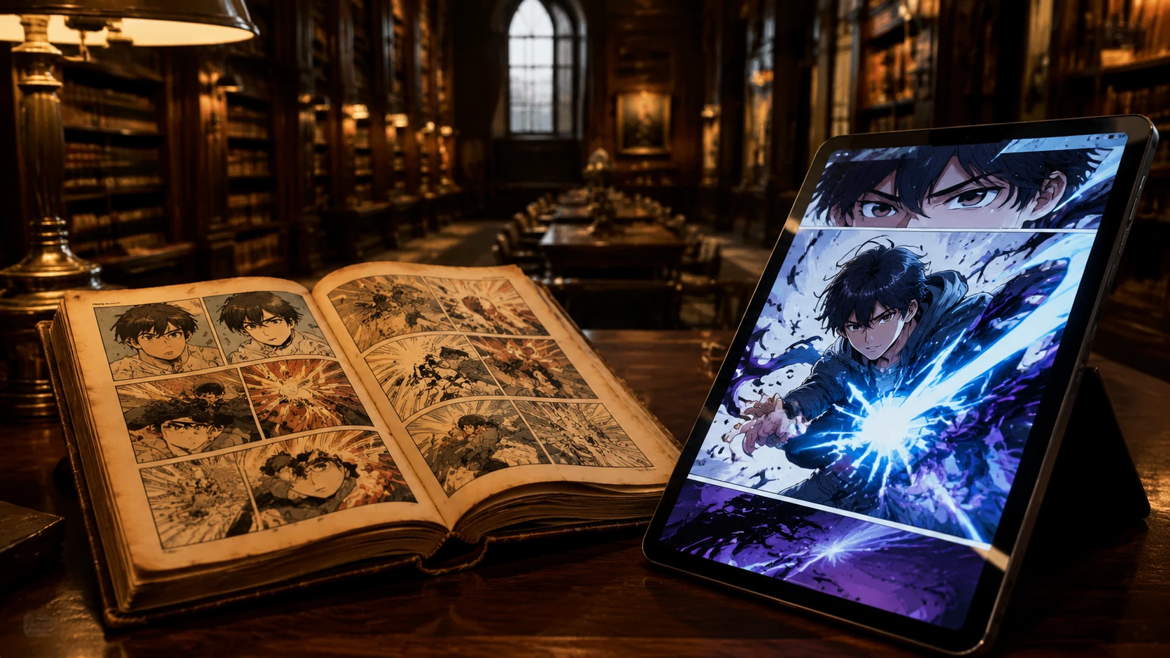 Một cuốn truyện tranh cũ đặt cạnh máy tính bảng hiện đại đang hiển thị phiên bản webtoon rực rỡ trong thư viện sang trọng