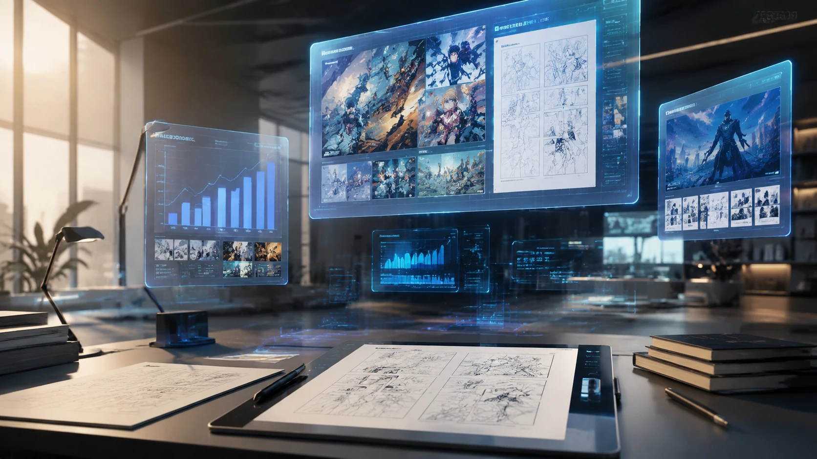 A wide-angle view of a modern digital newsroom with floating comic trend boards and a premium editorial atmosphere.