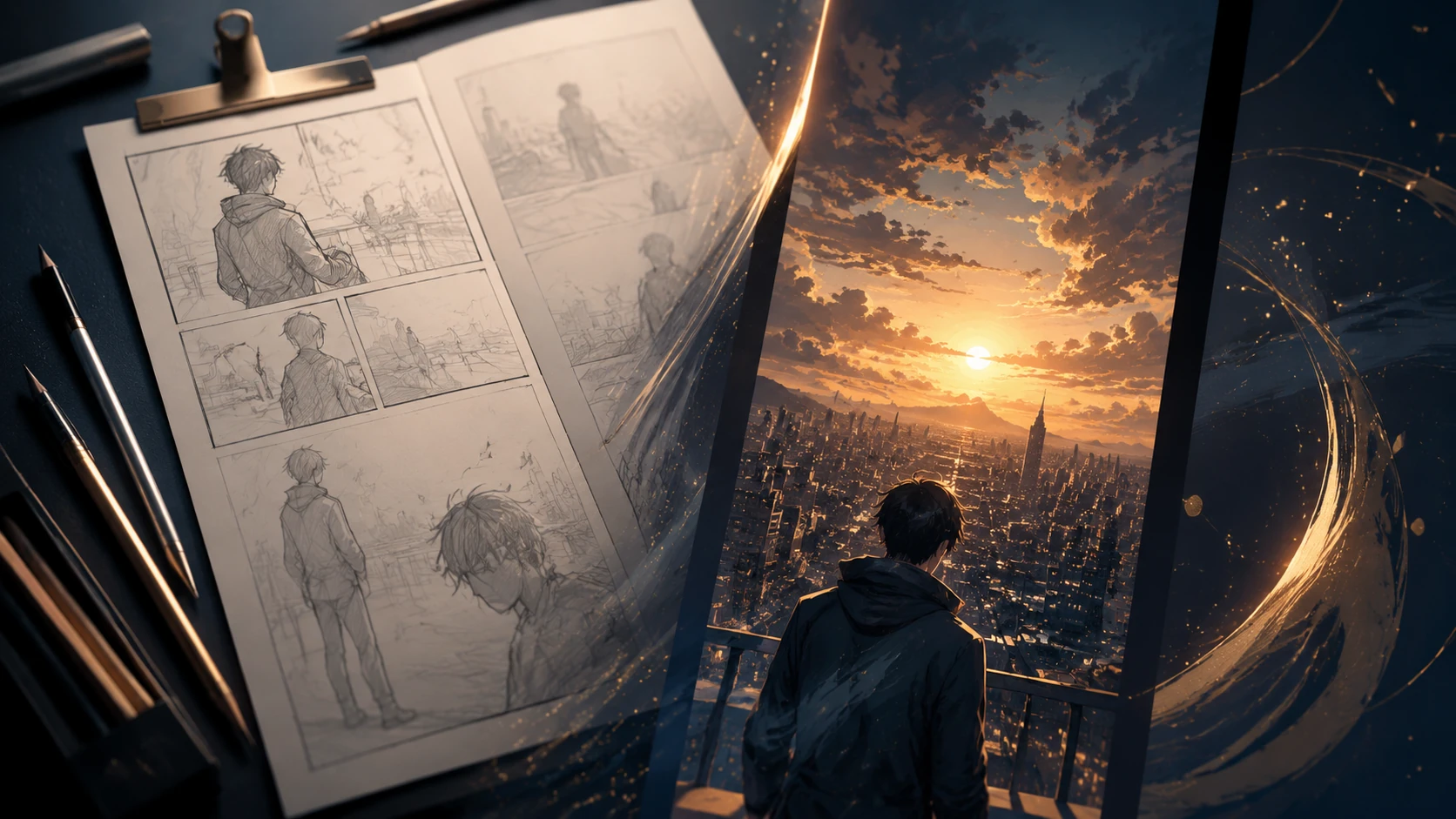 Composition minimaliste en split-screen montrant l'évolution d'un storyboard vers un webtoon vertical fluide avec une palette bleu marine et