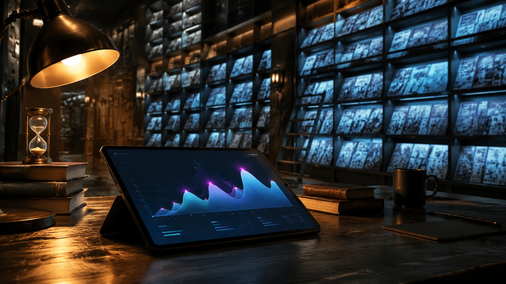 A sophisticated digital archive interface showing tiered levels of narrative data and comic panels glowing on a high-end tablet in a scholar