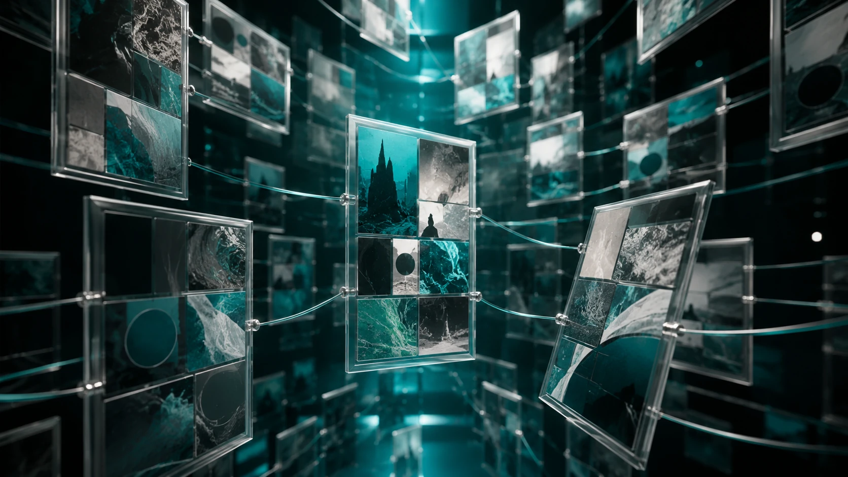 An abstract 3D visualization of a story structure represented by interconnected glowing nodes and translucent comic panels in a teal and sil