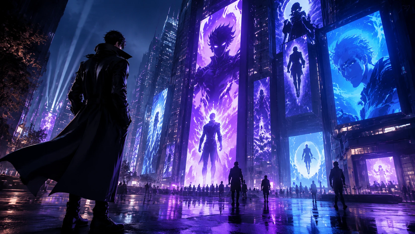 A futuristic city street at night with glowing billboards showing abstract comic silhouettes and neon shapes