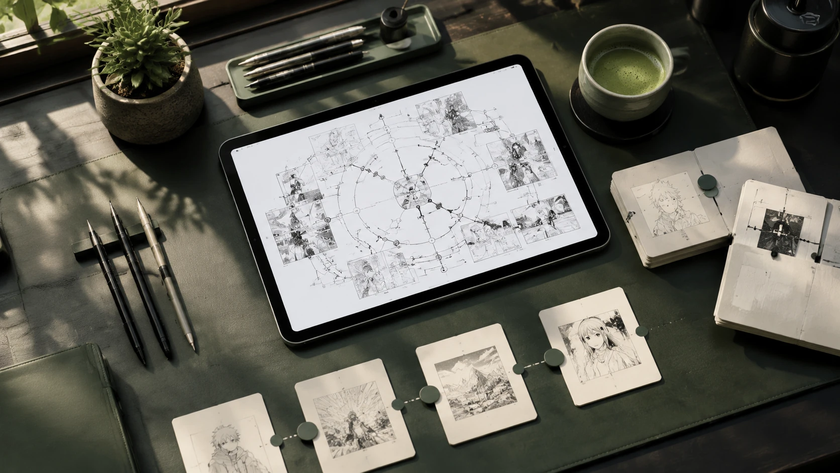 A minimal luxury flat lay of a creator's workspace showing detailed plot charts, a digital tablet, and meticulously organized script notes.