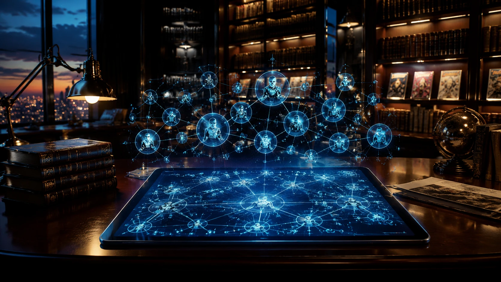 A high-end editorial scene showing a digital library with glowing tablets and parchment-style UI displaying complex narrative lore maps.