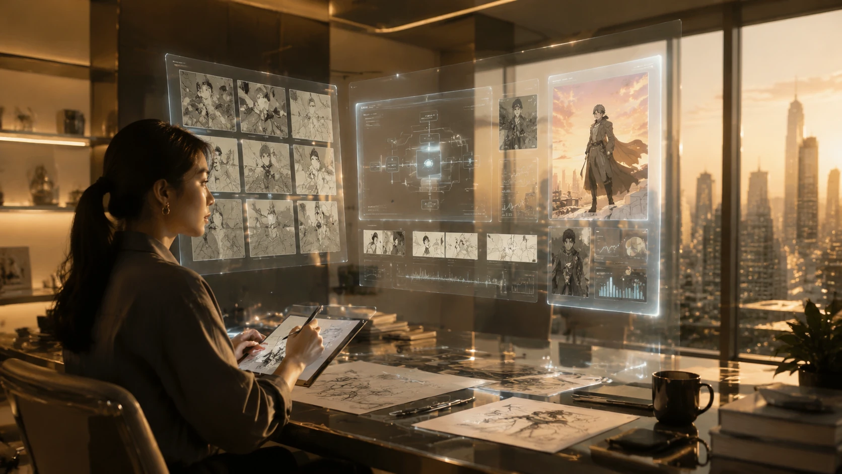 Wide-angle view of a futuristic digital newsroom with holographic storyboards and analytics charts floating in a clean, editorial space.